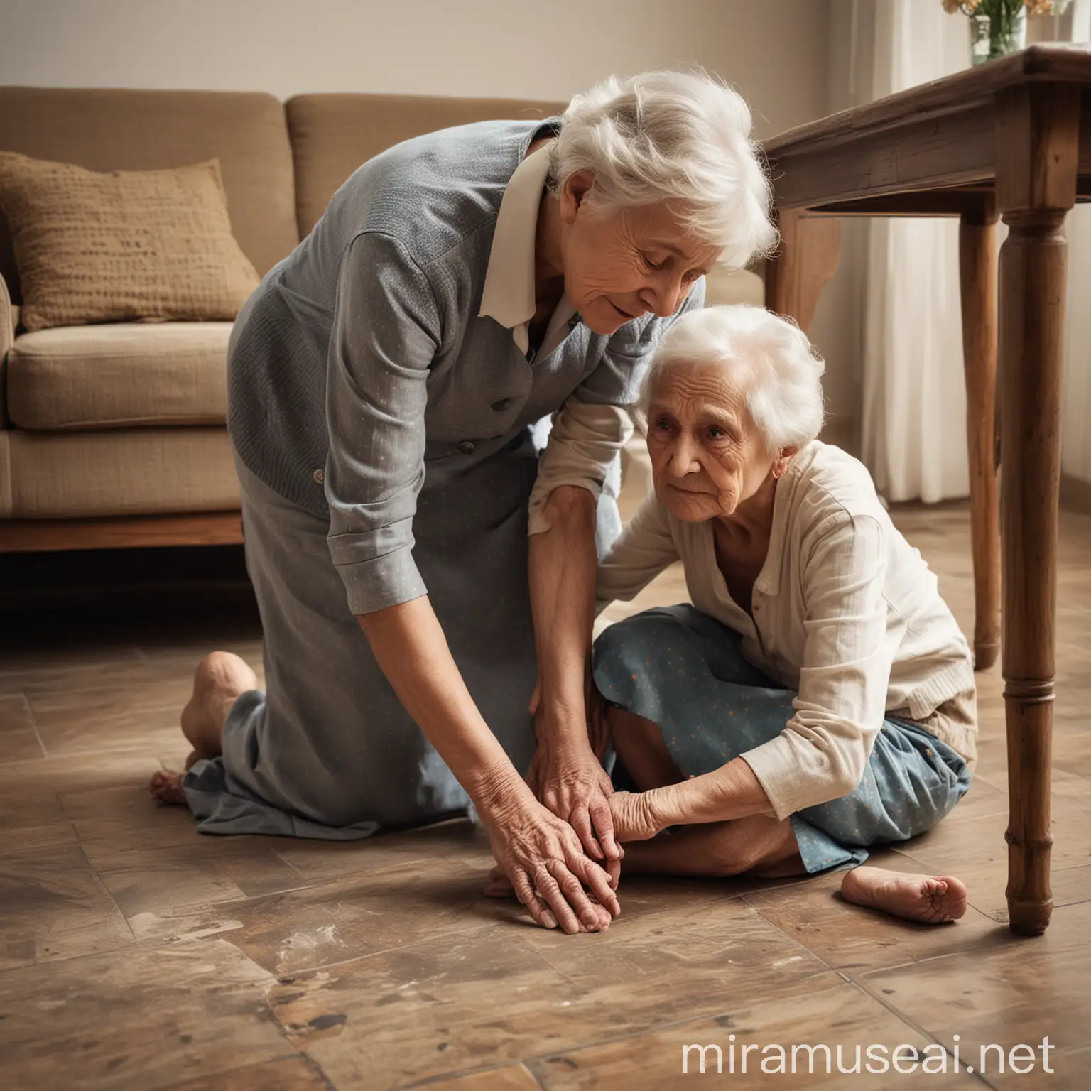 Son Assisting Elderly Mother After Fall