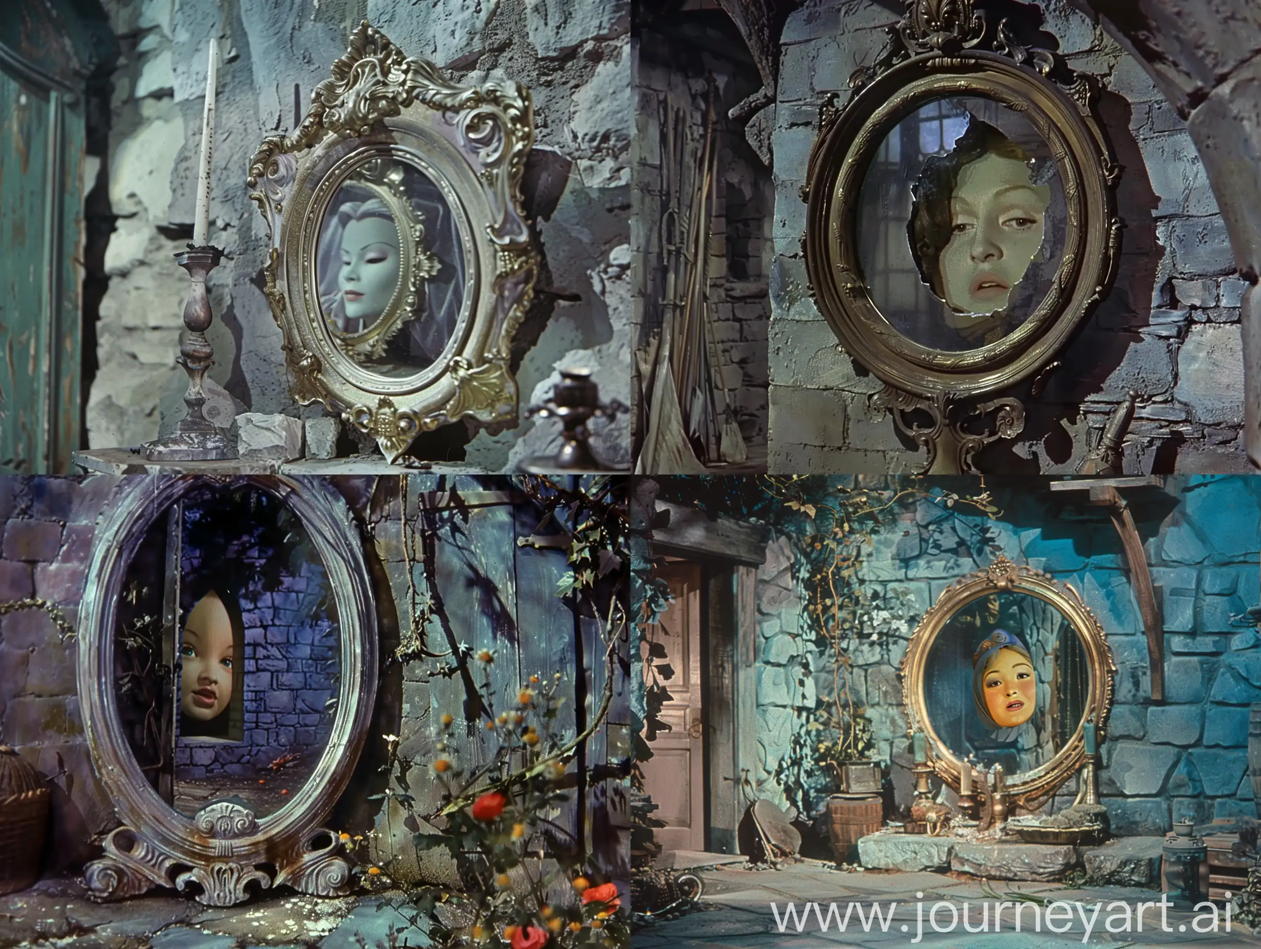 The magic mirror of the story of Snow White. There is a face inside the mirror and it is talking.1950's Superpanavision 70 , vintage color 