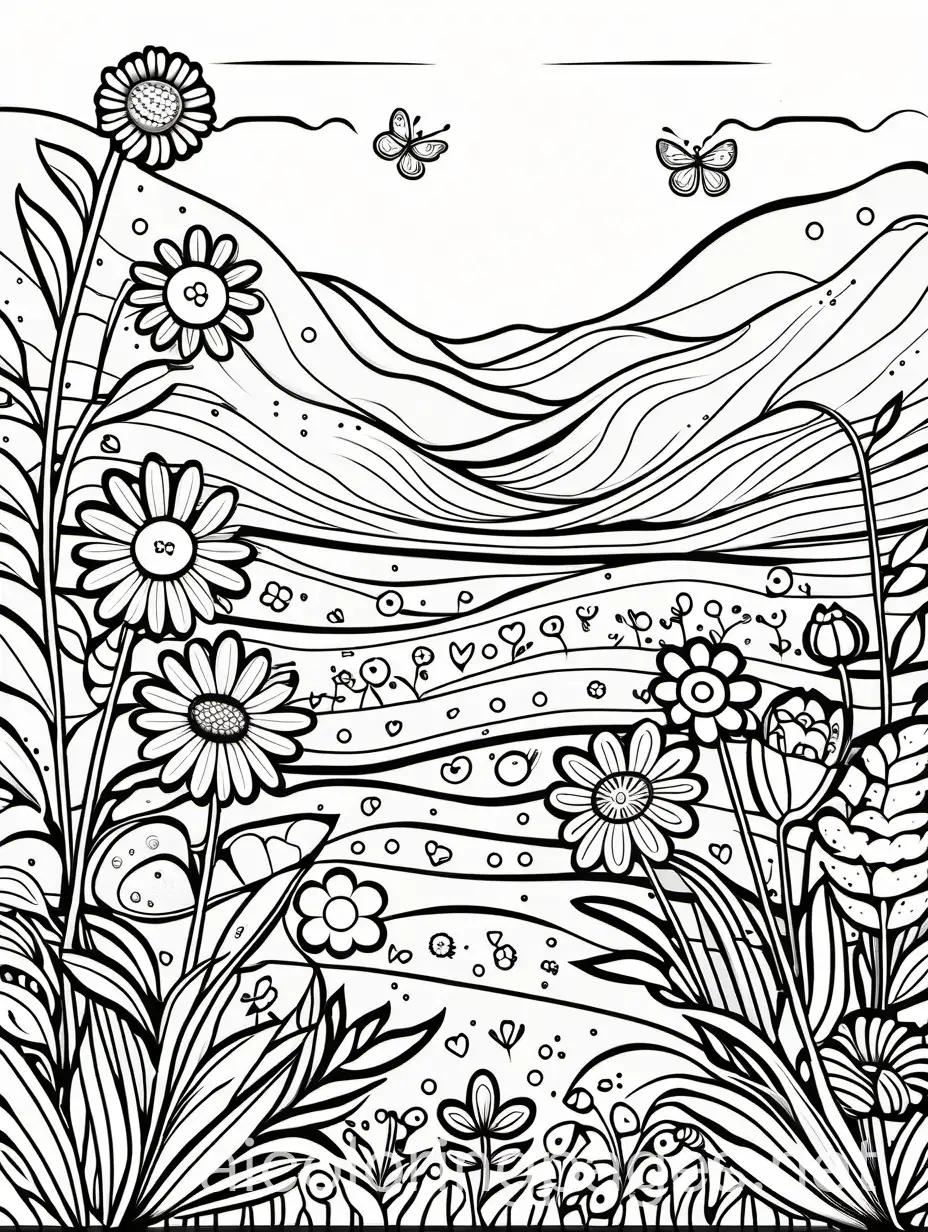 happy, friendly, playful, spring flowers, in a meadow, coloring page, black and white, ample white space, thick outlines to make it easy to color, Coloring Page, black and white, line art, white background, Simplicity, Ample White Space. The background of the coloring page is plain white to make it easy for young children to color within the lines. The outlines of all the subjects are easy to distinguish, making it simple for kids to color without too much difficulty