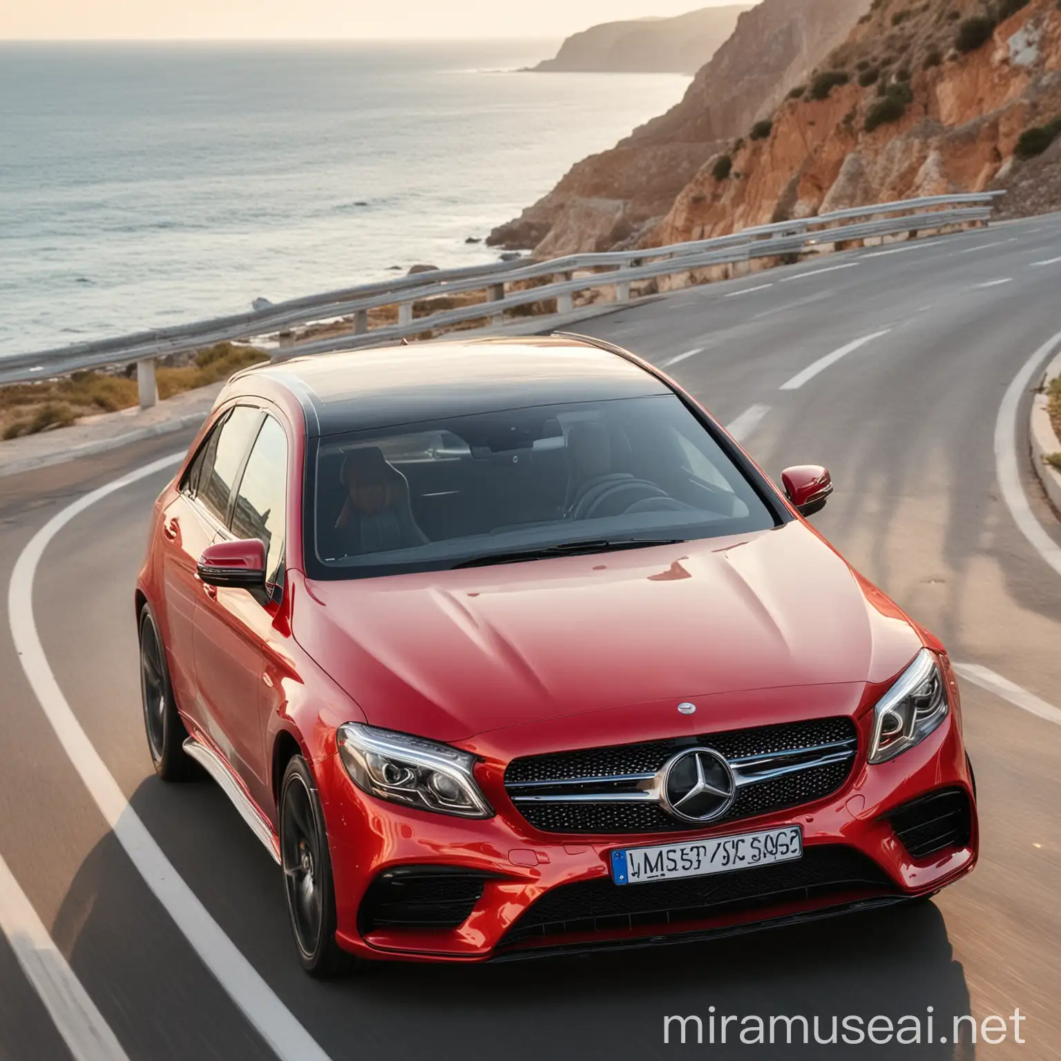 red mercedes going fast on the road near the sea, close up