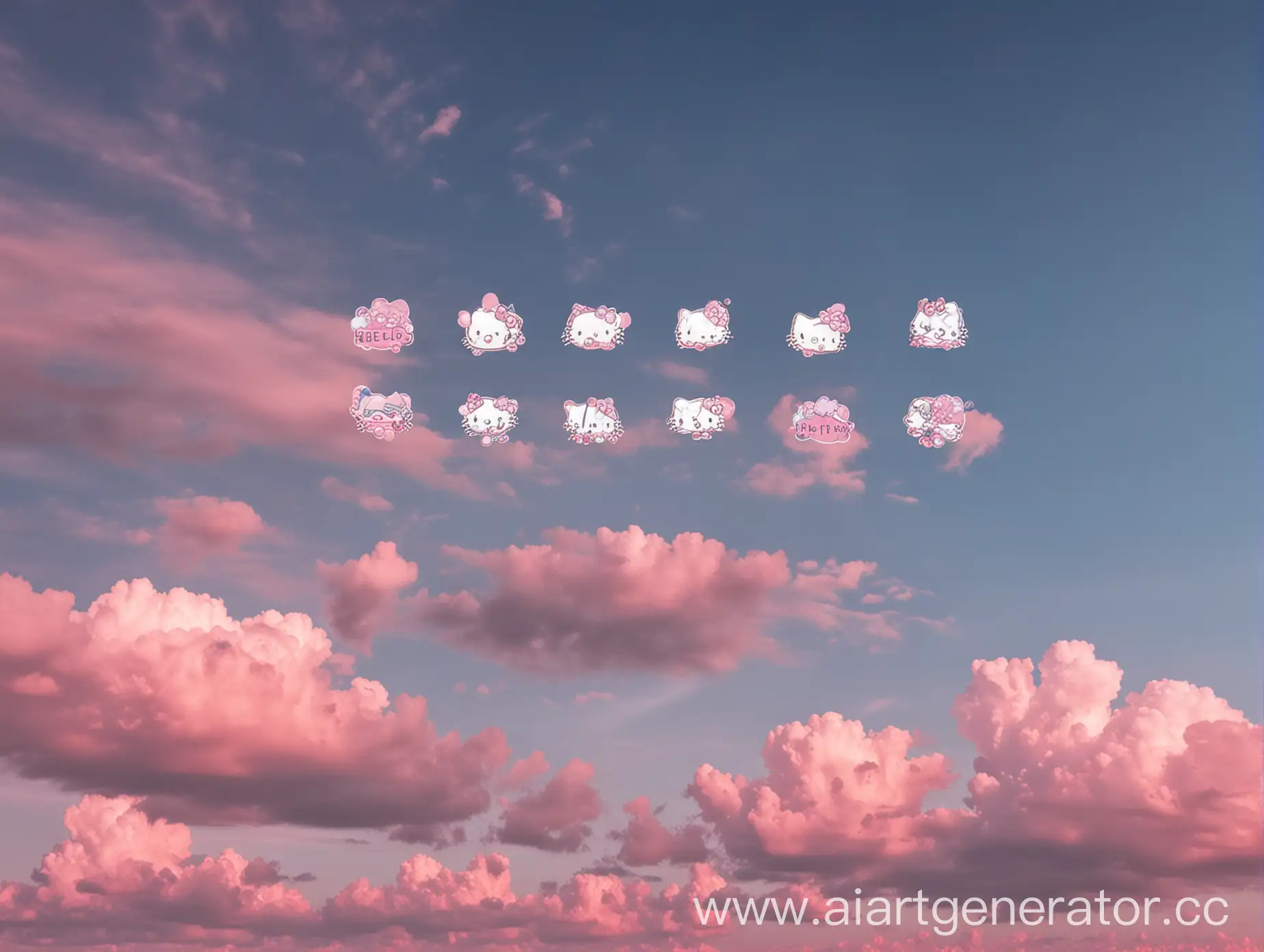 a big blue pinkish sky with 7 small cute clouds shaped like hello kitty