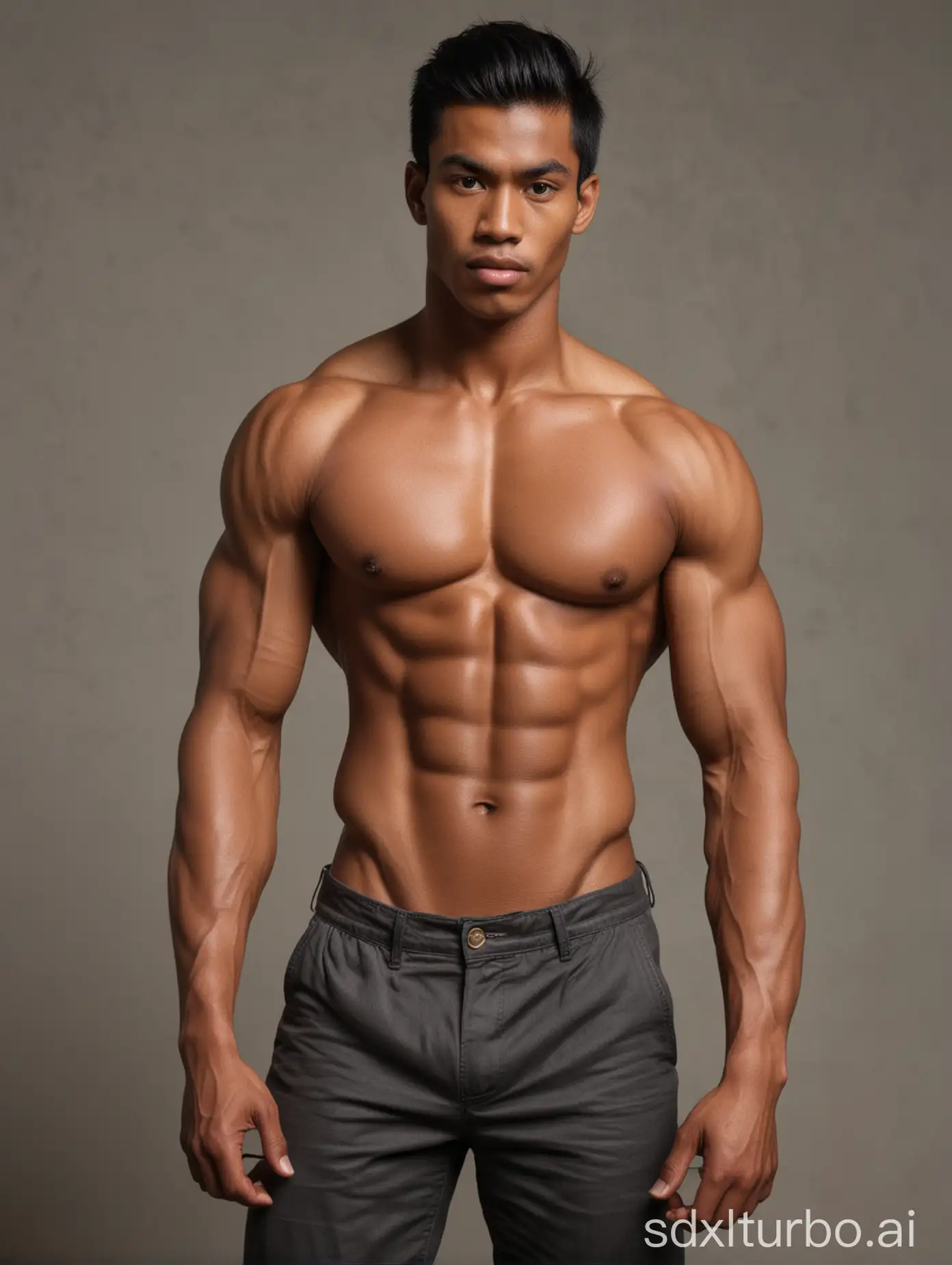 A full-body shot of a handsome, tall and very muscular Indonesian guy with broad shoulders, huge pecs and biceps and combed black hair kissing a very short, skinny African-American guy