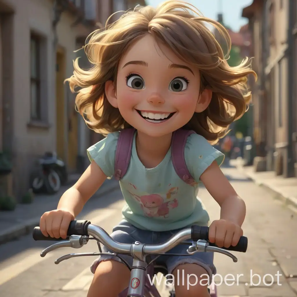 Little girl riding a bike, smiling, realistic animation