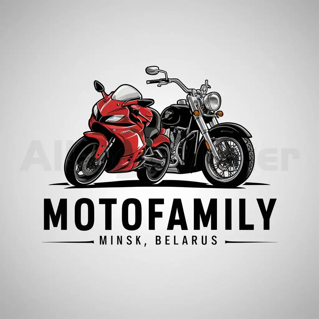 a logo design,with the text "Motofamily, Minsk, Belarus", main symbol:Two motorcycles, one sporty, the second a cruiser, in the form of an emblem plus trips,complex,be used in Journeys industry,clear background