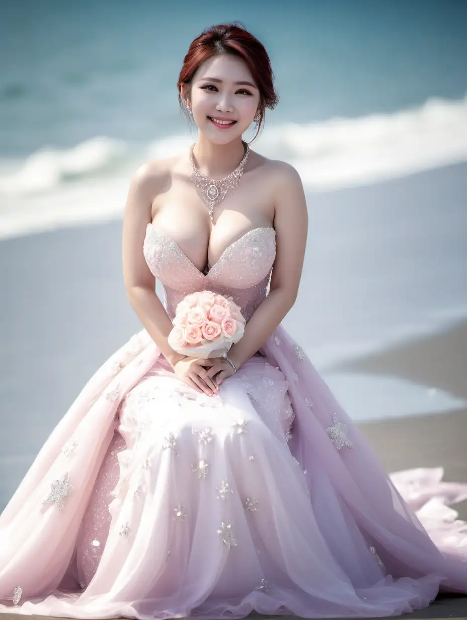 Elegant-Female-Model-in-Rose-Wedding-Dress-with-Diamond-Necklace-on-China-Beach