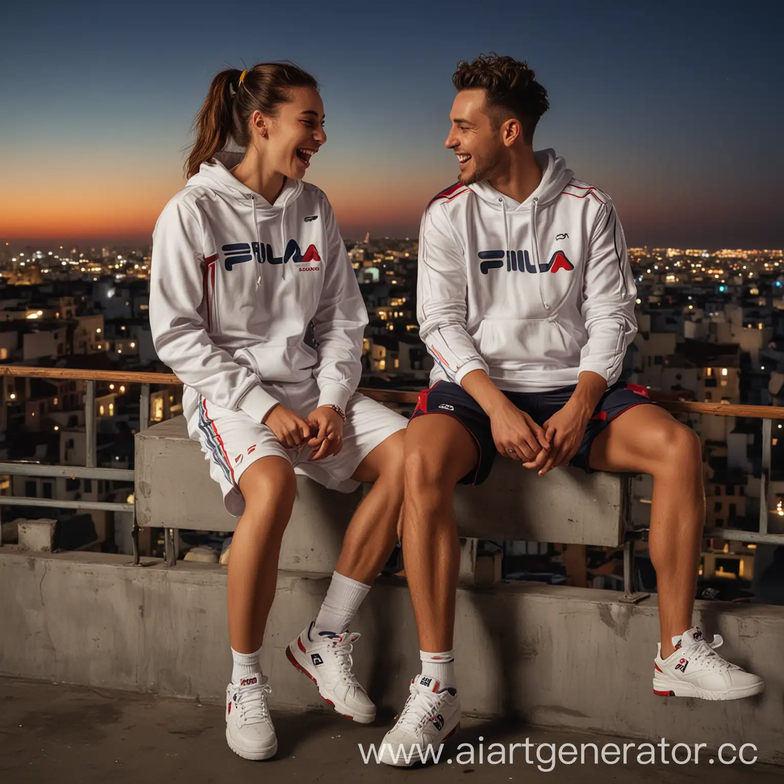 Evening. The man and woman in fila outfit enjoy their time on a rooftop overlooking the city, laughing and sharing their achievements, they looking on the city