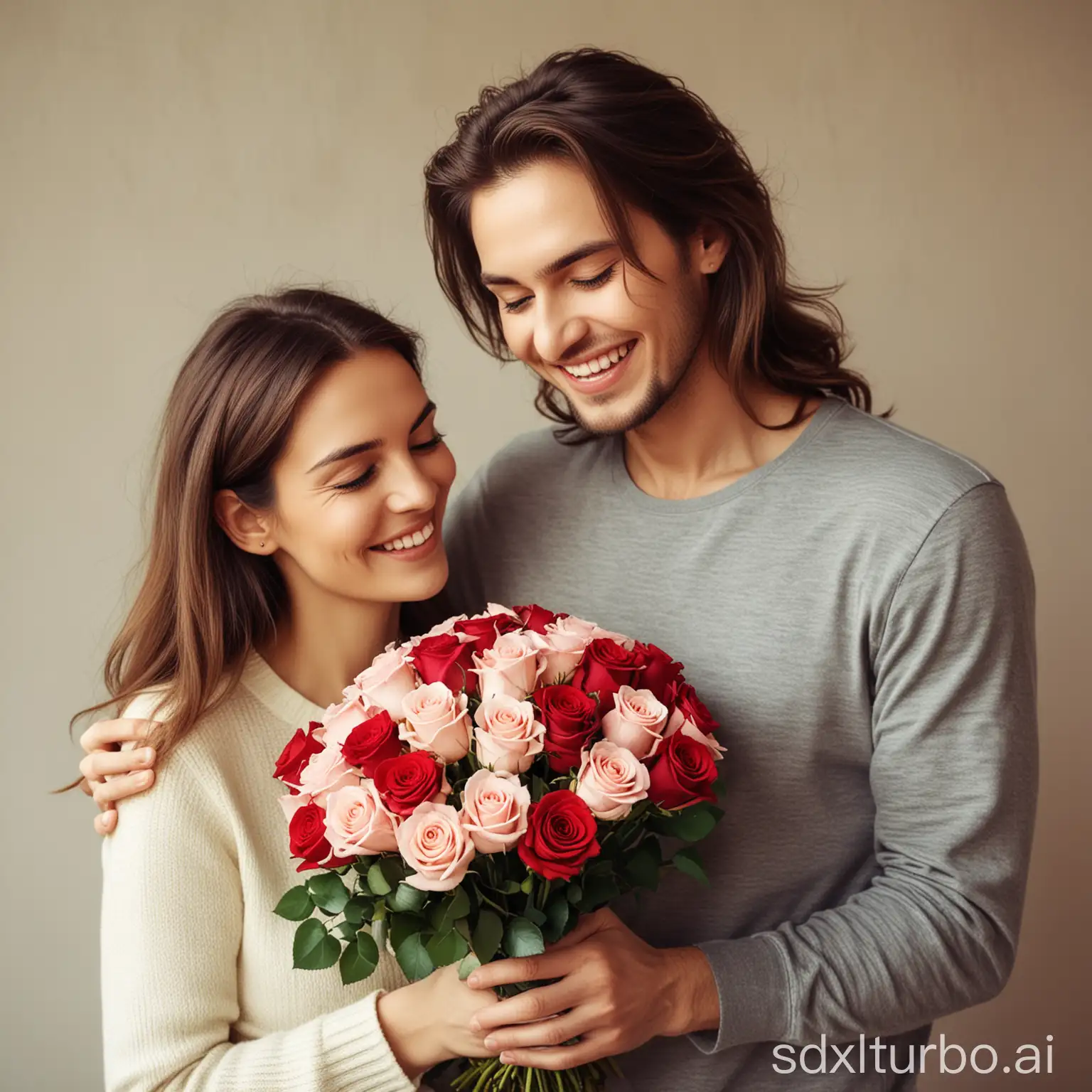 Happy family. He gave her a bouquet of roses. She is happy