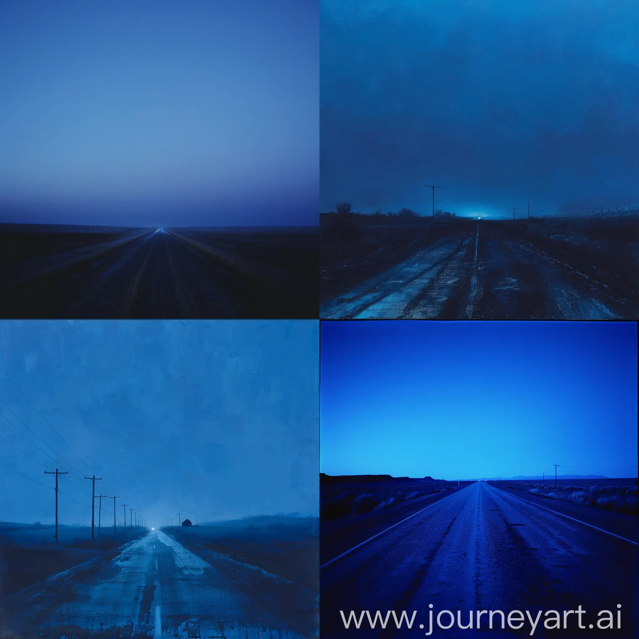 At 4 o'clock in the morning, the weather is starting to light up and it's blue and dark and the environment is soulless, and the road is straight and nobody is there and dreamy.
