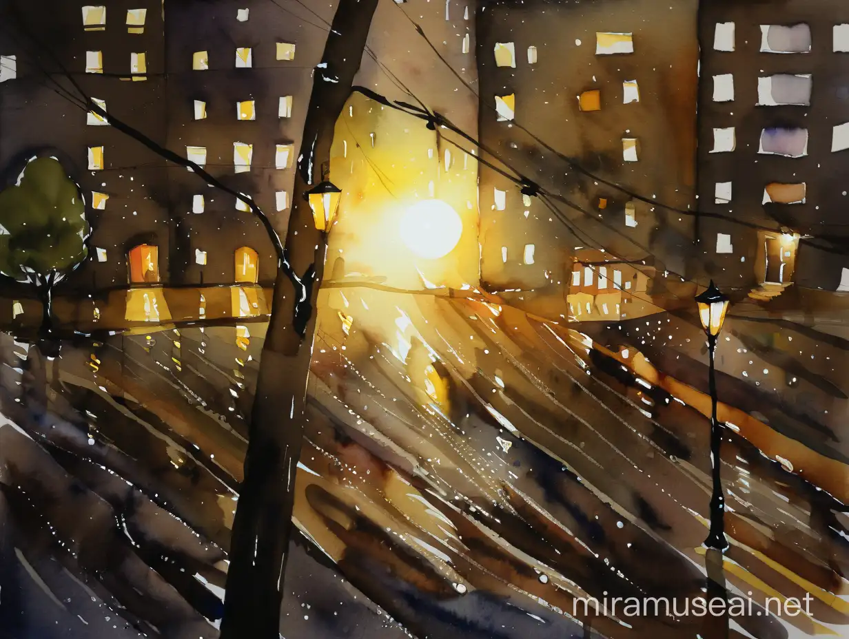 night, provincial town, lantern, rain, watercolour