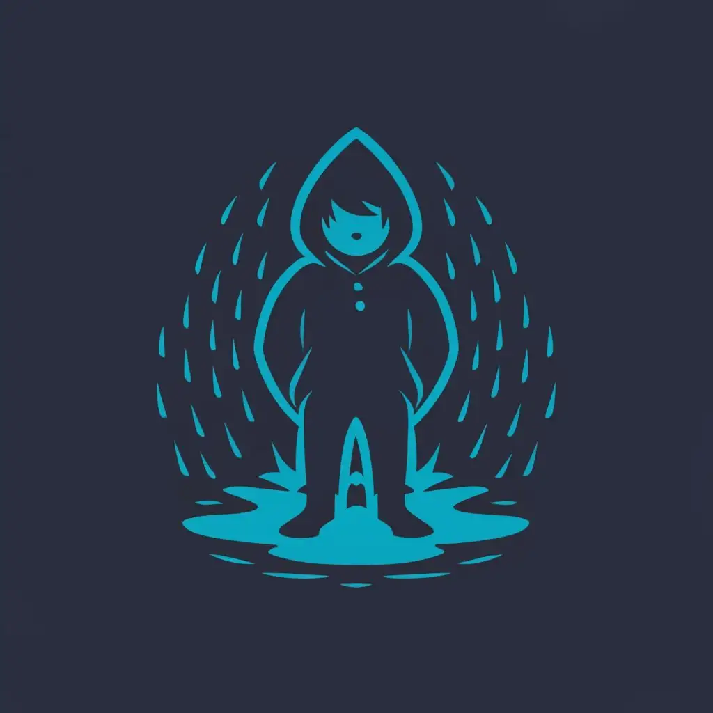 a logo design, with the text 'show a boy wearing hoodie in rain in blue theme', add primarily blue fire-like element and remove water on the ground