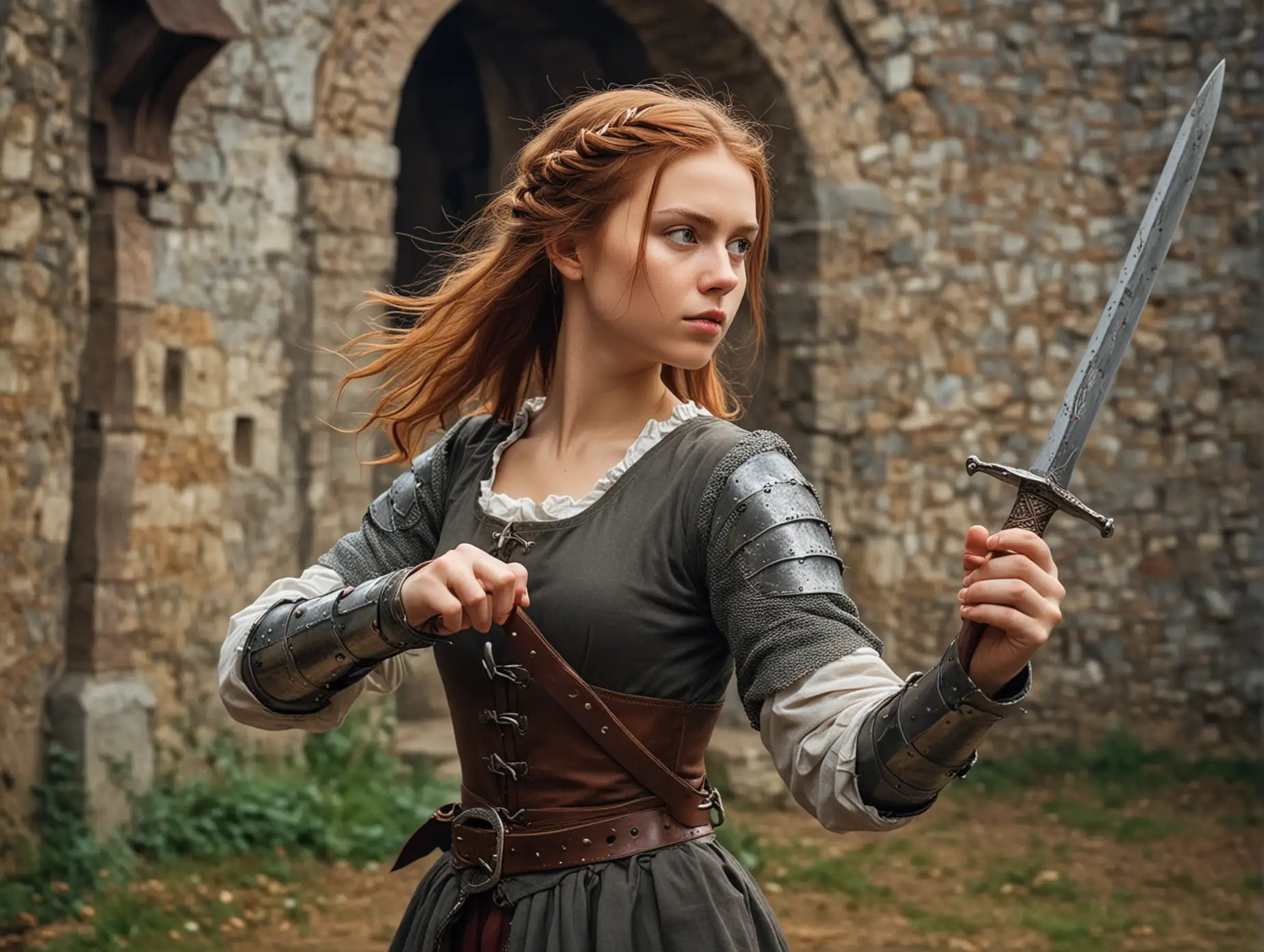 Девушка с каштановыми волосами и кинжалом в руке в эффектной стойке в средневековье