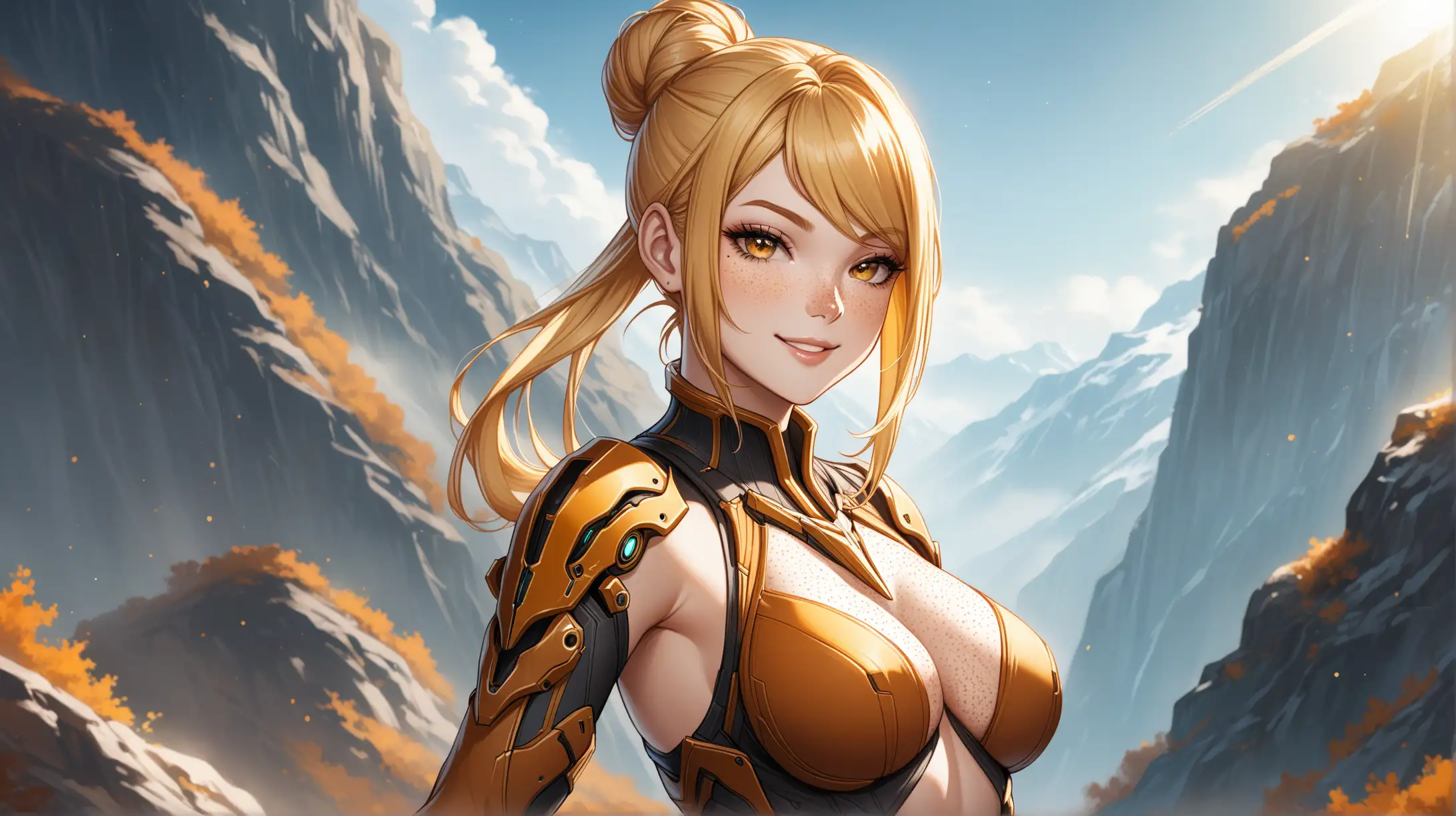 Draw a woman, long blonde hair in a bun, gold eyes, freckles, perky figure, outfit inspired from Warframe, high quality, cowboy shot, outdoors, seductive pose, natural lighting, smiling at the viewer