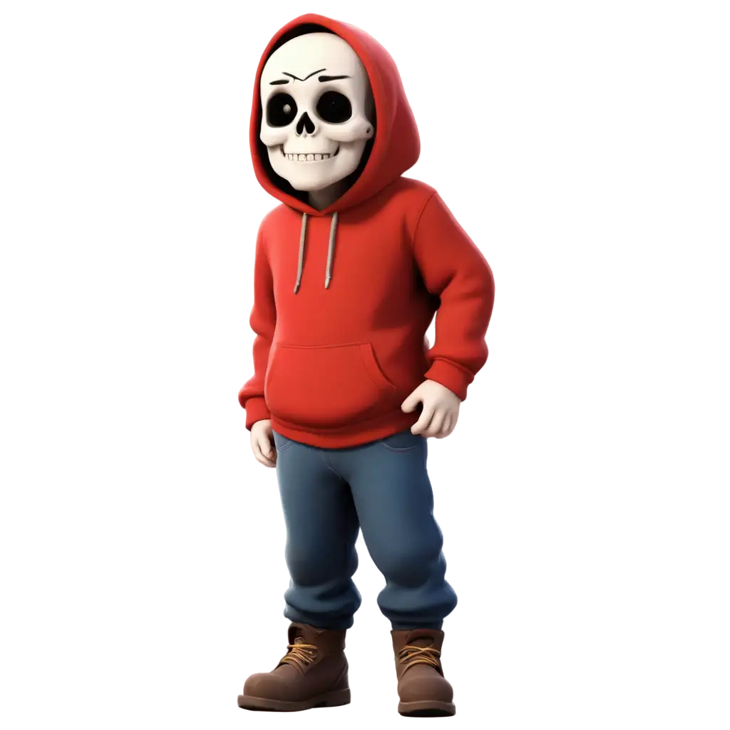 a skeleton dwarf boy wearing a red sweatshirt with the hood up