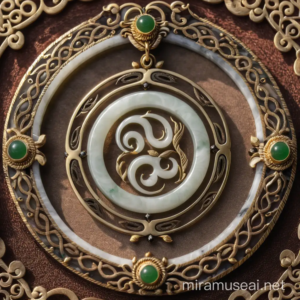 A white jade plaque with a delicate outer outline and a circular jade pendant inlaid in the middle. The jade pendant is engraved with the word "fire" and a disk that can rotate 360°.
