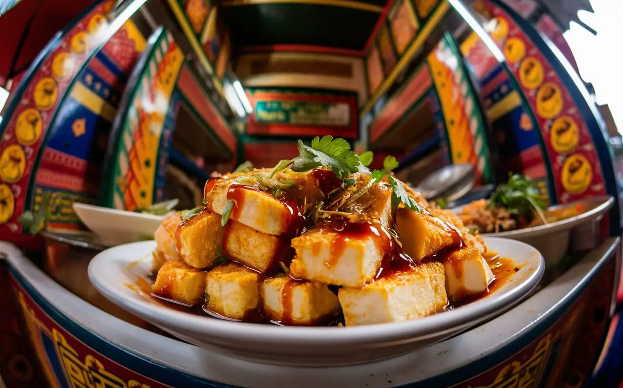 A Vietnamese street snack, such as fried tofu, at a stall with traditional Vietnamese market characteristics, photographed in a documentary style with natural light, a low-angle shot, and an authentic composition, showcasing the local flavors of the snack.