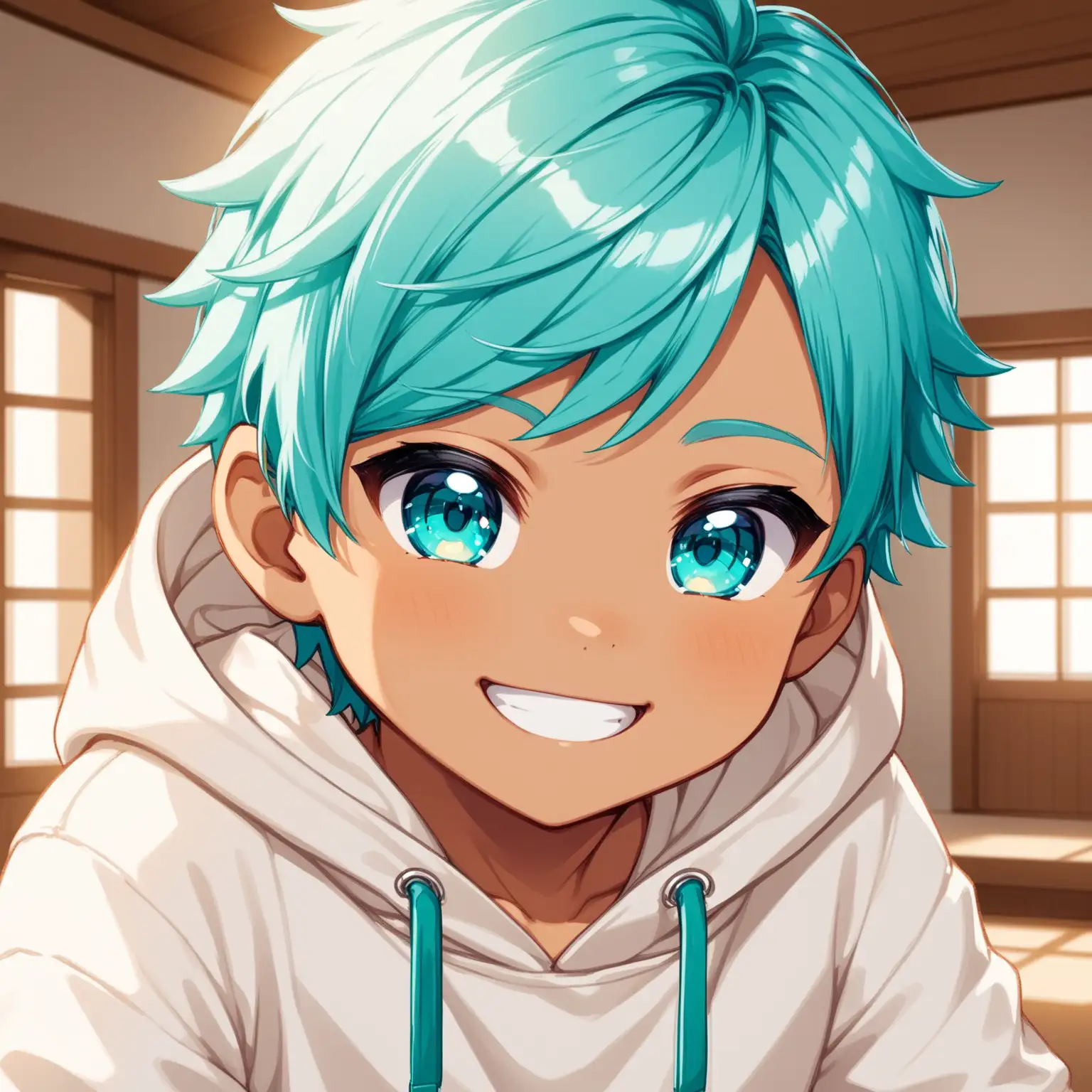 Draw a chibi anime man, aquamarine hair, teal eyes, light tan skin, close up shot, indoors, natural lighting, high quality, detailed, accurate, wearing a white hoodie, smiling
