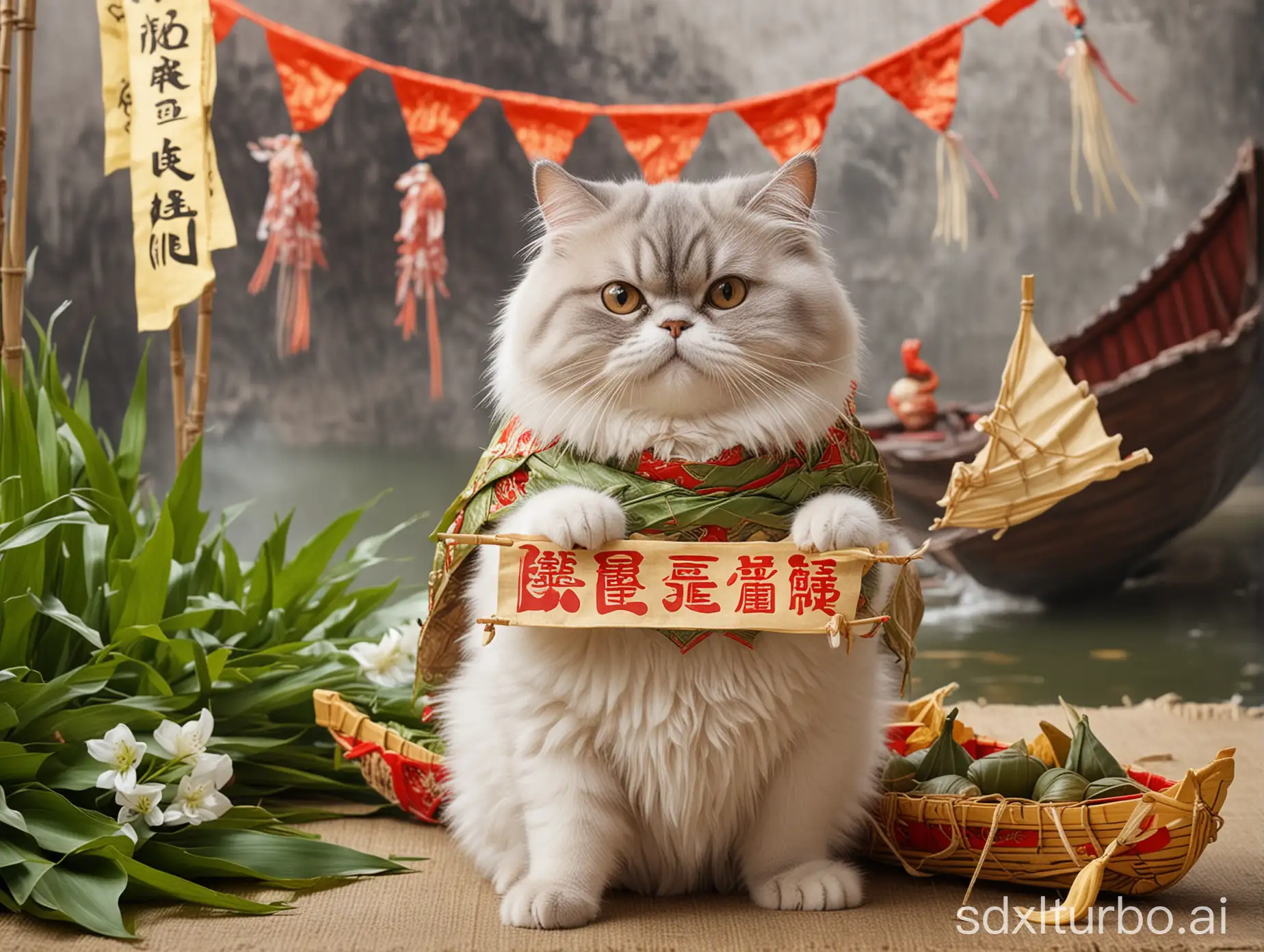 一隻毛茸茸的胖貓拿著一幅橫幅，橫幅上面寫著" Happy Dragon Boat Festival "，地板有粽子和小舟，背景有端午節元素