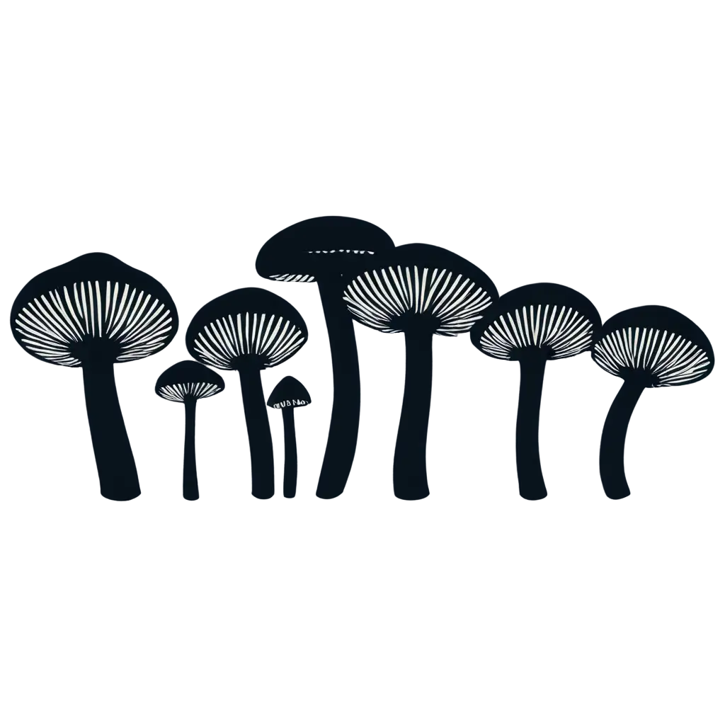 A sleek and modern illustration of fungi silhouettes against a clean white background. The vector style gives the image a polished and sophisticated feel. The fungi are intricately detailed, with smooth lines and subtle shading to enhance their appearance. The overall composition is minimalistic yet visually appealing, showcasing the beauty and complexity of the fungi in a modern and elegant way.