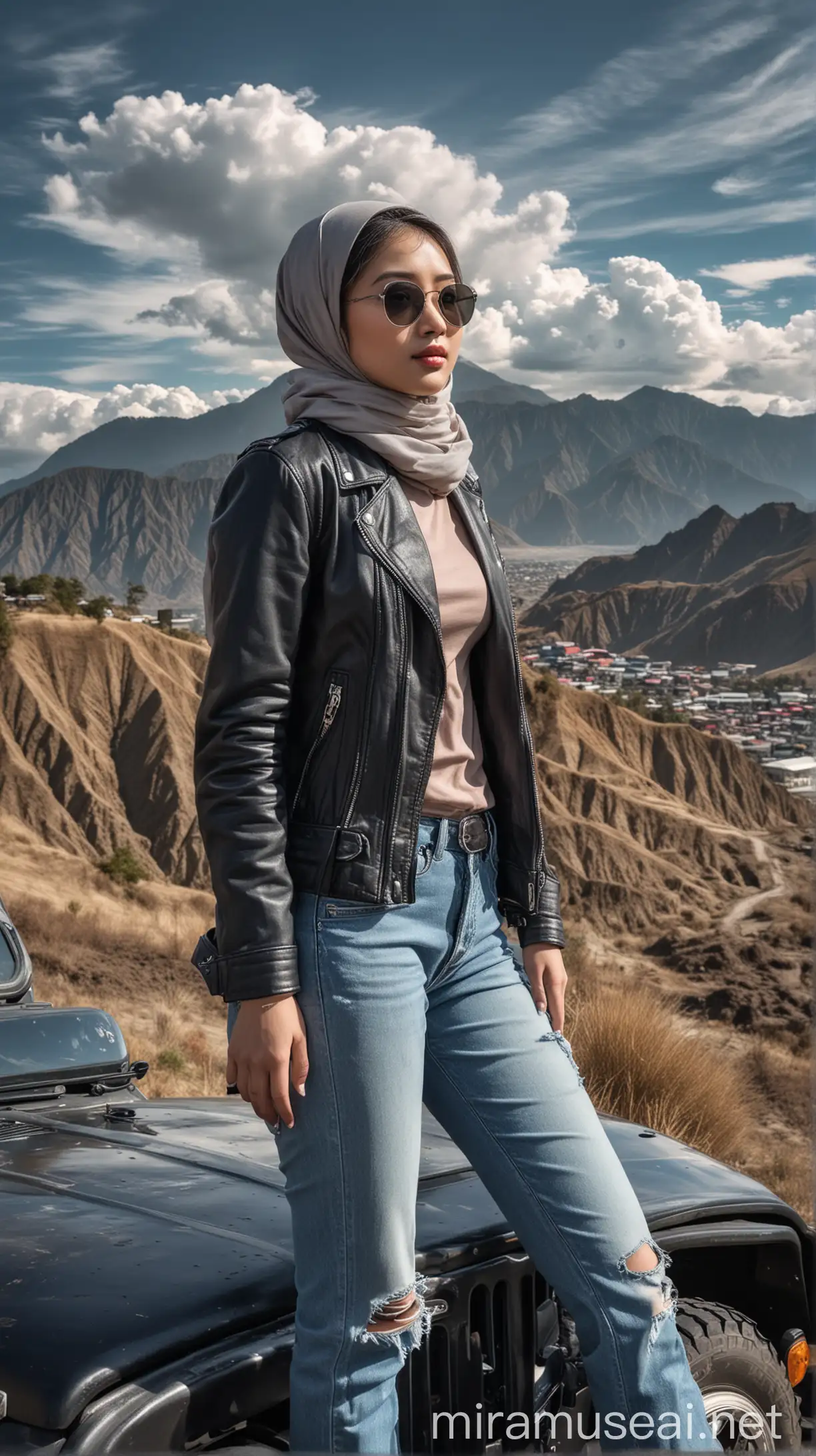 Korean Woman in Hijab with Jeep Against Bromo Mountain View