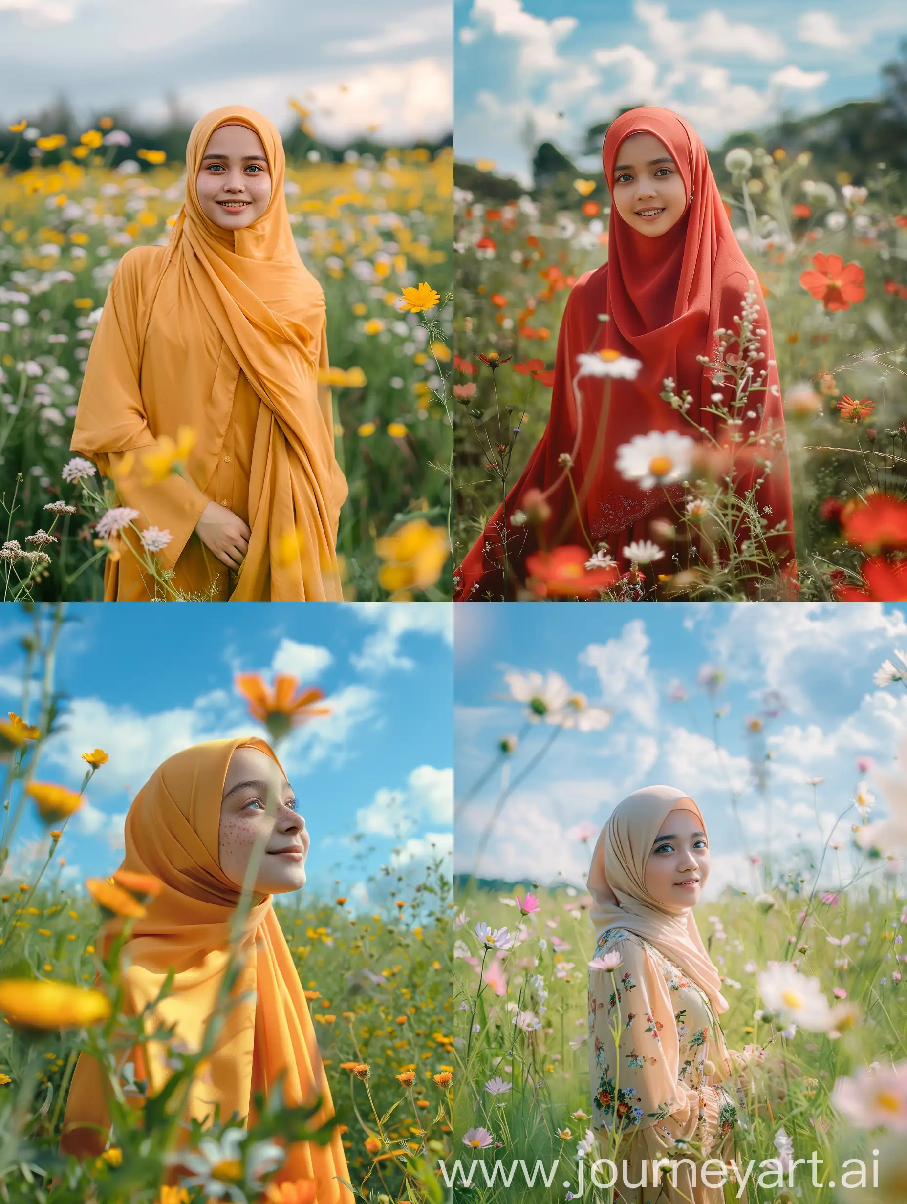 Foto real gadis muda hijab cantik Indonesia, mata biru dan bintik-bintik, tersenyum. Berdiri di lapangan hijau dengan bunga, langit dan awan yang indah. Tembakan seluruh tubuh. Matahari terang. 