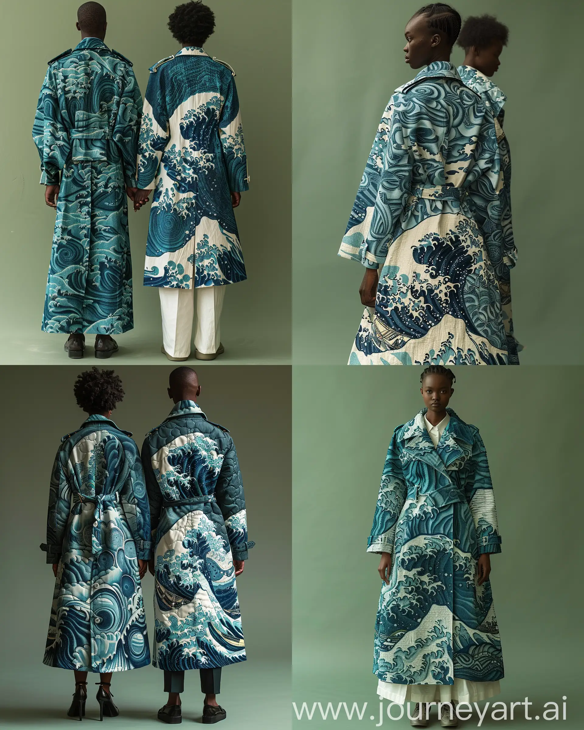 The image features a full body view of a couple wearing a highly detailed and textured trench coat that seems to blend pictorials elements into its design. The garment showcases an elaborate array of shapes reminiscent of The Great wave off Kanagawah. The color palette of the trench coat is saturated blues and white, emphasizing the shadows and depth of the pictorial Mandelbrot japanese waves. The background is a subdued green-gray --ar 4:5 --style raw --stylize 900 --v 6