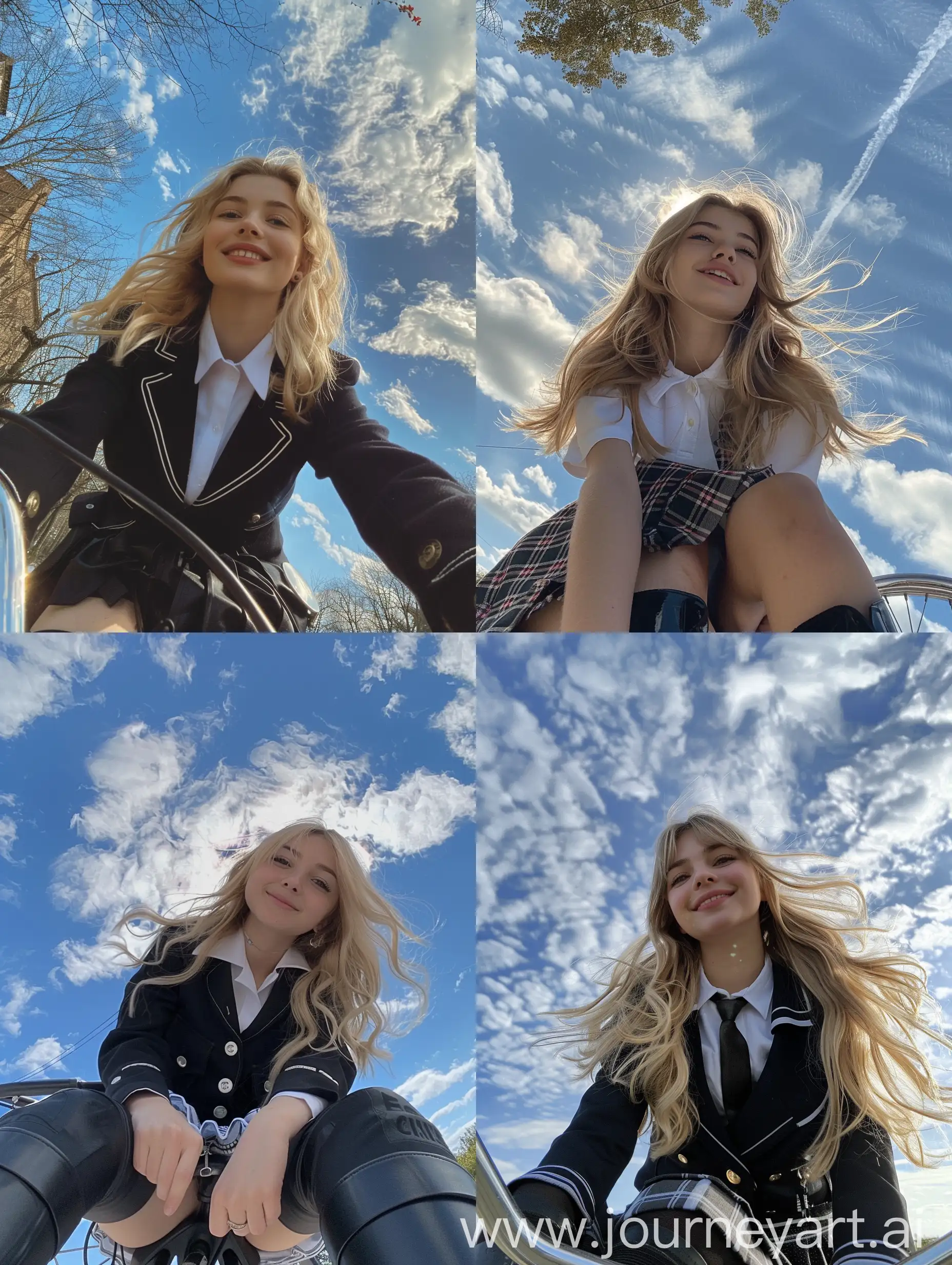 a girl, 22 years old, blonde hair,school uniform, black boots, smiling, , sitting on a bicycle, no effects, selfie , iphone selfie, no filters, natural , iphone photo natural, camera down angle, sky view, down view