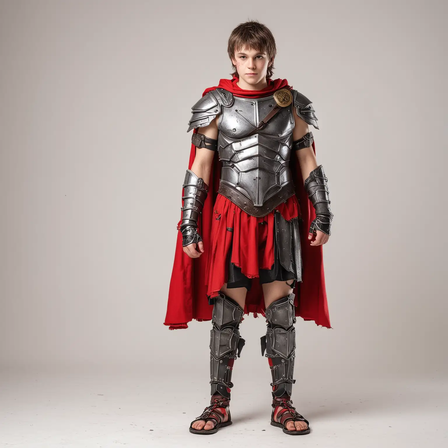 plain white background, cute 18-year old boy, wearing very plastic amateurish cosplay spartan warrior costume, red cloak, sandals on feet