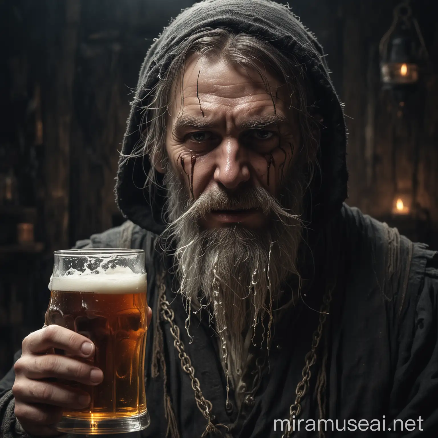 Sinister Innkeeper Cursing Amidst Dripping Beer