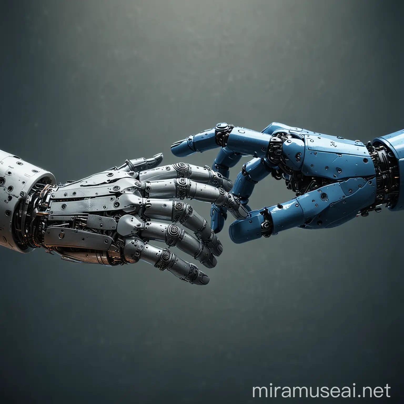 two robot hands touch with their index fingers, just like in L. Da Vinci's painting, God touches a human hand with his hand. Only the hands are visible, no other parts of the body are visible. The environment is somehow technical, robotic, and devoid of emotions. The colours are blue, dark blue silver and black