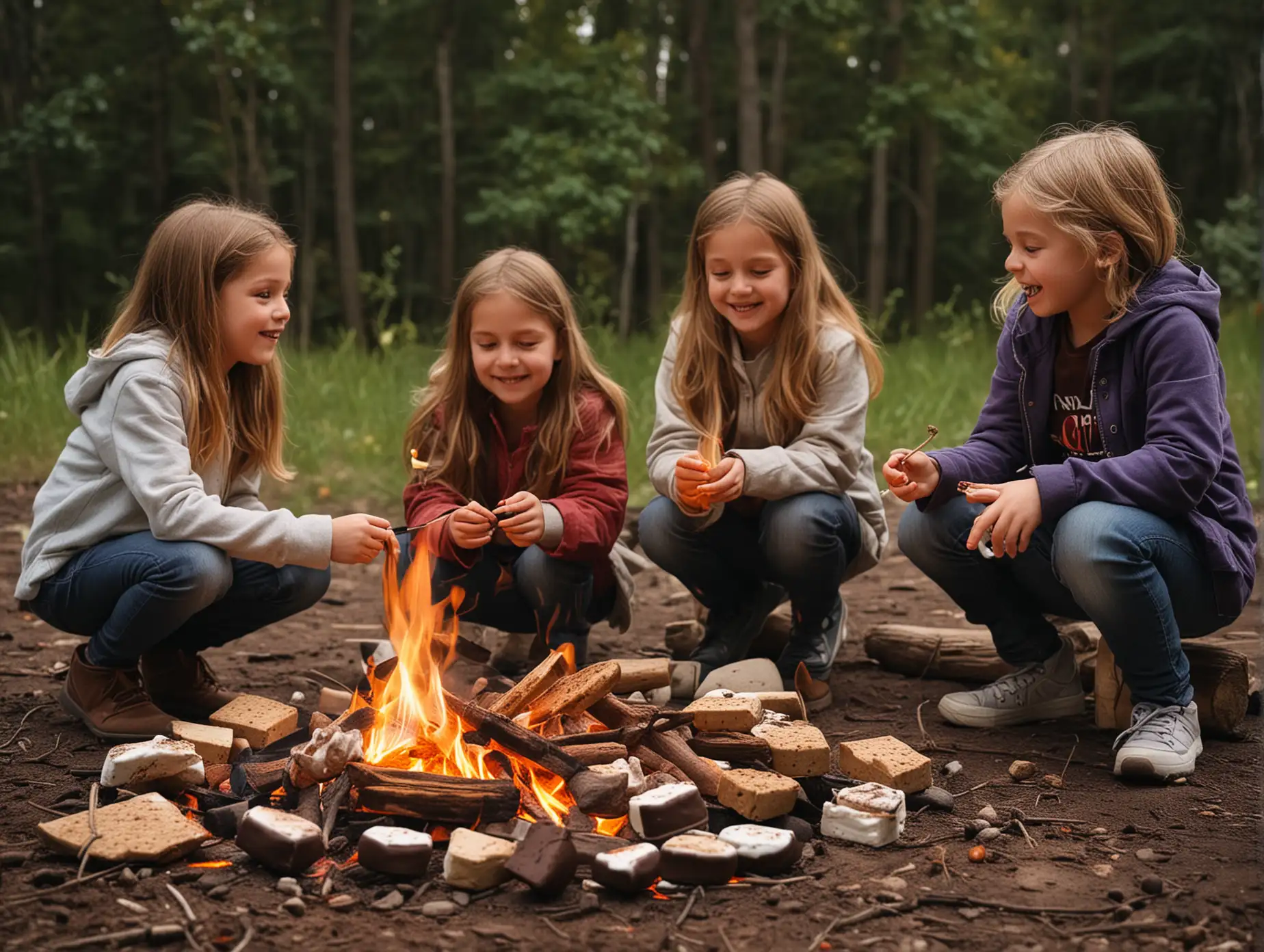 Children playing by a campfire making s'mores 