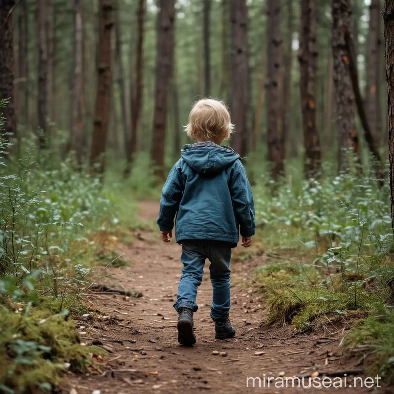 a small child walks in the forest