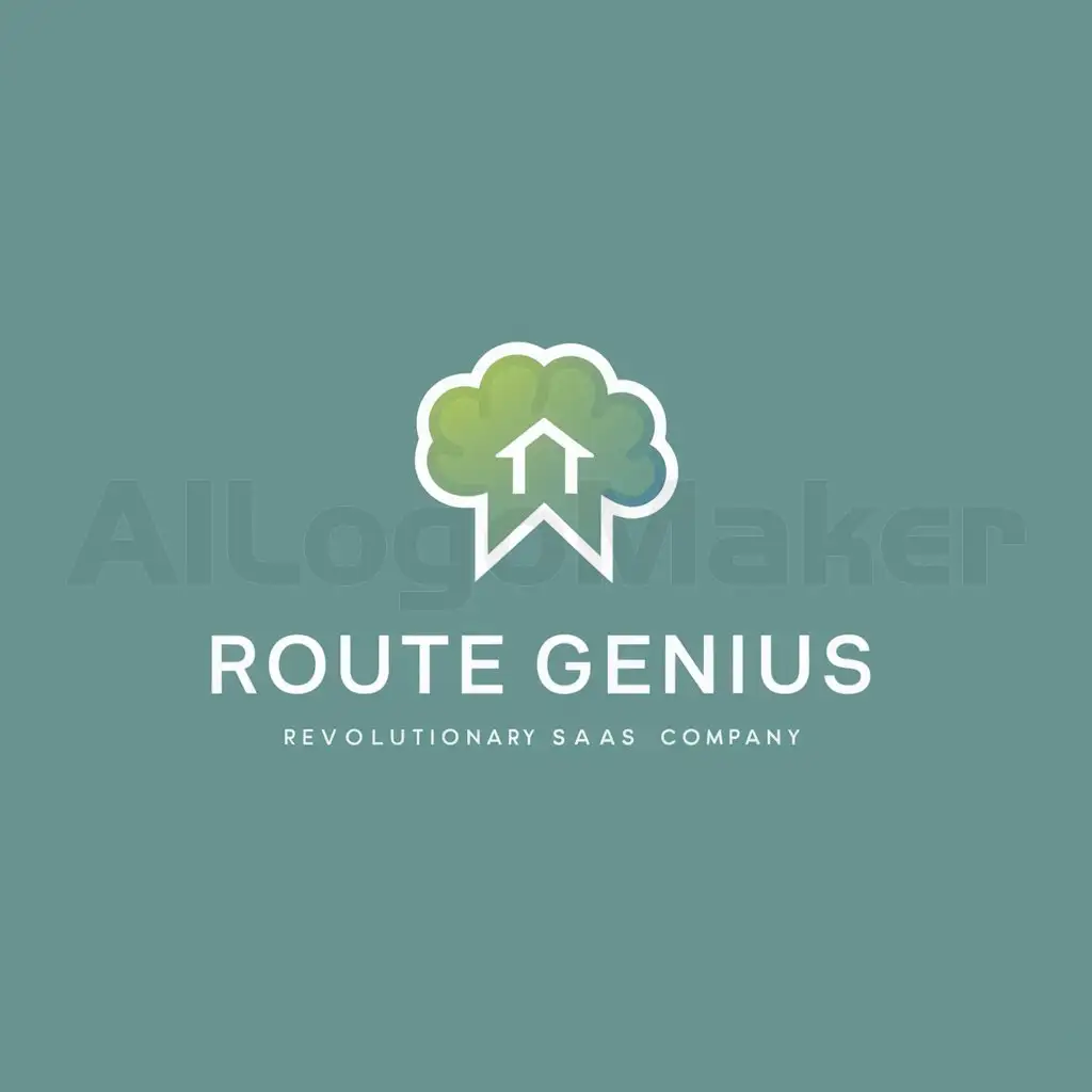 a logo design,with the text "Route Genius", main symbol:Design a logo for Route Genius, a revolutionary SaaS company that optimizes route efficiency for home services using AI technology. The logo should be modern, clean, and versatile, representing innovation, efficiency, and reliability. Incorporate subtle elements that reflect AI technology, route optimization, and home services connection. Consider a simple, iconic design that includes a house or tool symbol, and utilize calming colors like blue or green that convey trust and professionalism. The logo should be easily recognizable and memorable, suitable for various mediums like websites, mobile apps, business cards, marketing materials, and merchandise.,Minimalistic,clear background