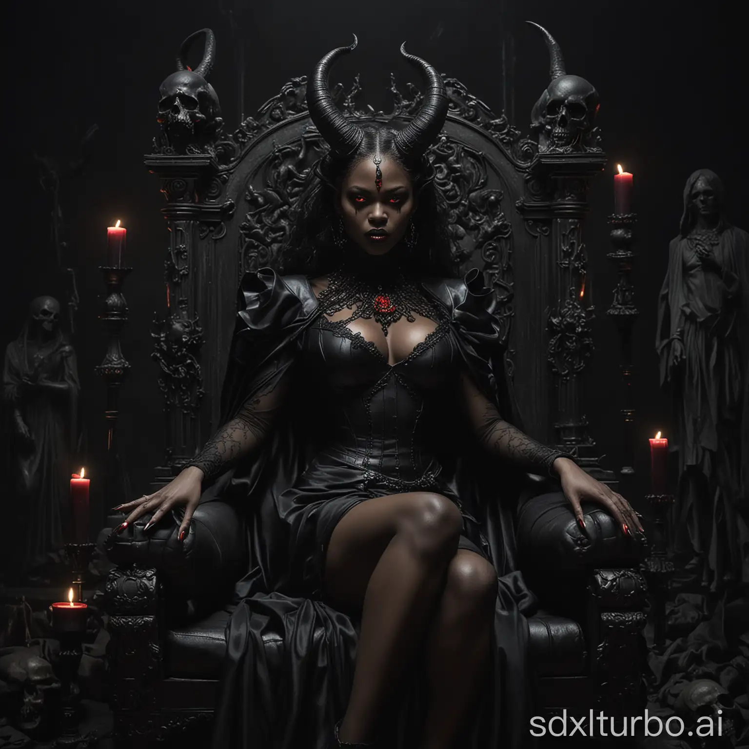 a majestic and powerful black woman demon with red eyes, black makeup, big breasts, exuding an aura of authority. Her imposing presence is accentuated by her mesmerizing horns, sitting majestically on a black throne with intricately detailed seat adding to the air of mystique. Her dark costume and black cape with a high collar further accentuate her imposing presence, she wears high heels. The enchanting atmosphere is deepened by two skulls on either side, each with a lit black candle that casts mysterious shadows.