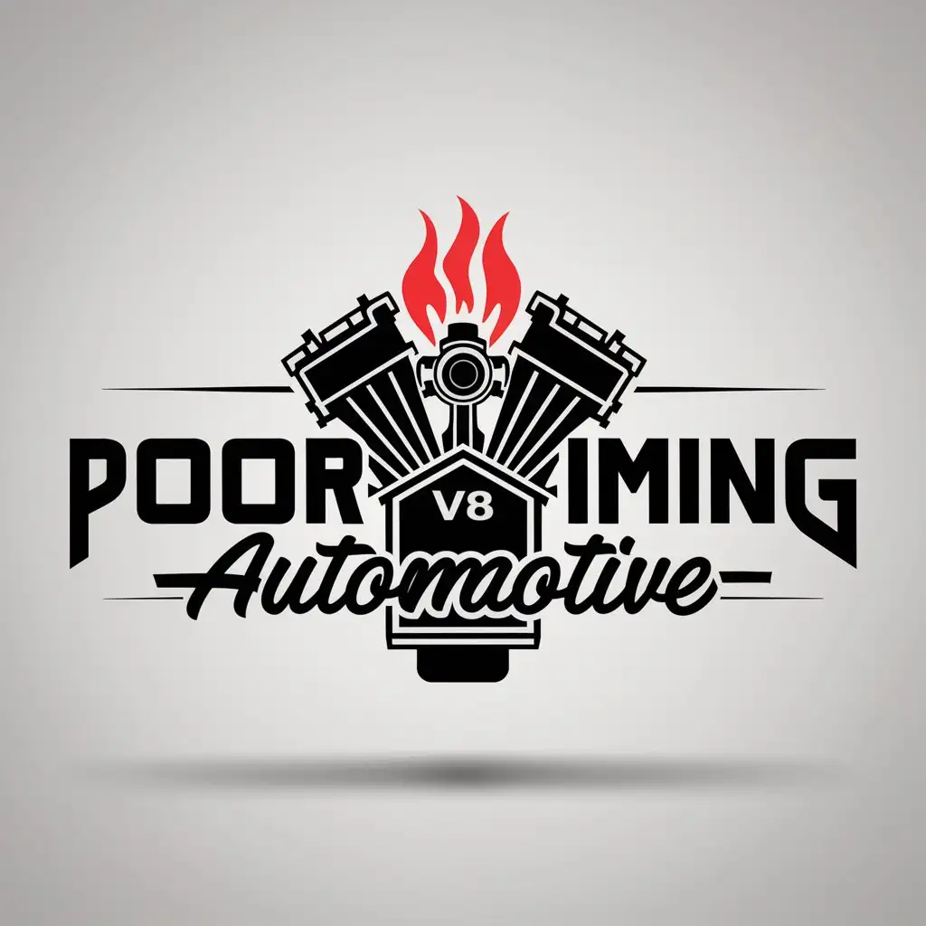 a logo design,with the text "Poor Timing Automotive", main symbol:V8 Engine With Flames coming out of the carborator,complex,be used in Automotive industry,clear background
