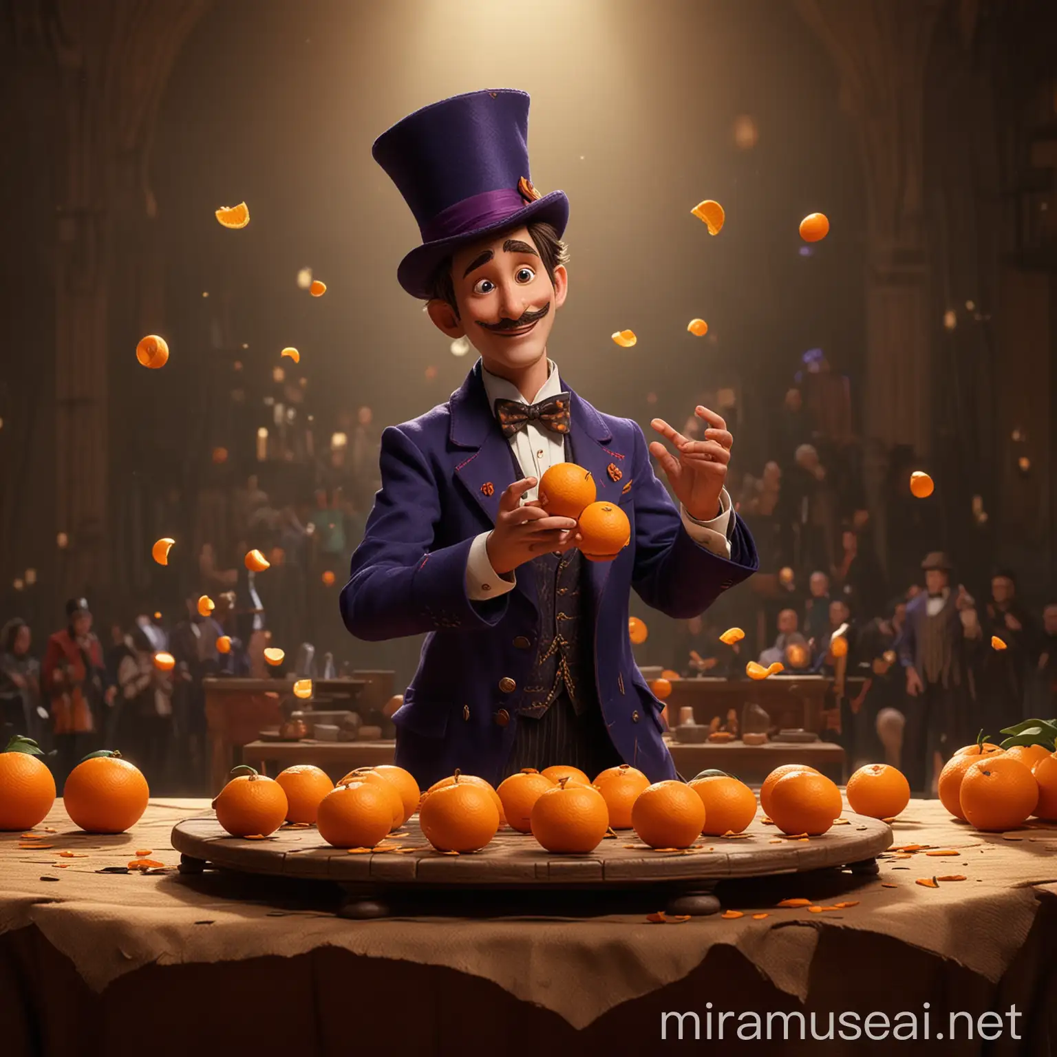 Magician Performing on Stage with Oranges Disney Pixar Style
