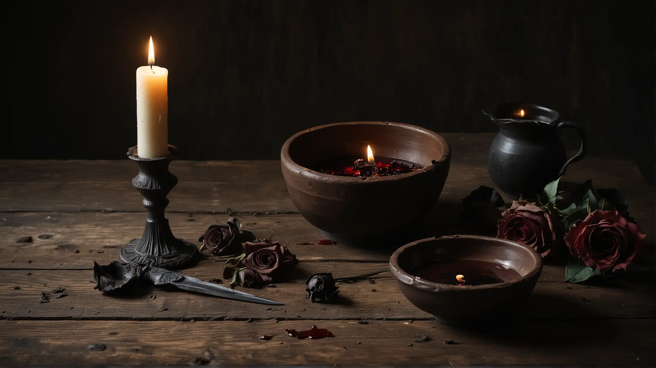 Eerie Scene Dark Wooden Table with Candle Dagger and Black Roses