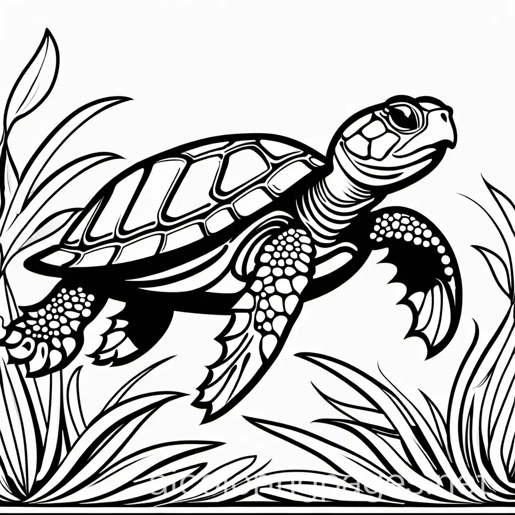 baby turtle, Coloring Page, black and white, line art, white background, Simplicity, Ample White Space. The background of the coloring page is plain white to make it easy for young children to color within the lines. The outlines of all the subjects are easy to distinguish, making it simple for kids to color without too much difficulty