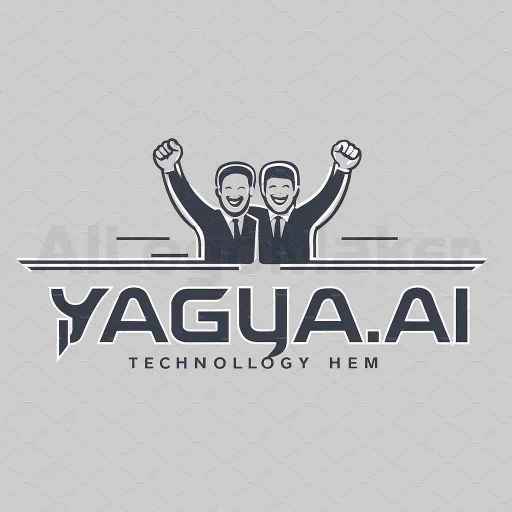 a logo design,with the text "Yagya.ai", main symbol:two men cheering with arms up,Moderate,be used in Technology industry,clear background