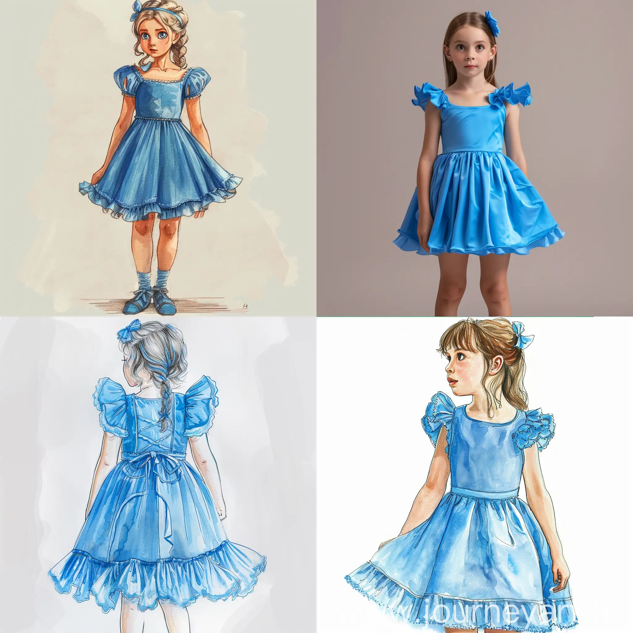 تصميم لفتاة صغيرة، فستان أميرة قصير إلى الركبة، ازرق اللون،  بدون، وعلى كل منطقة افوق كشكشة، أكمام، وكتف نازل