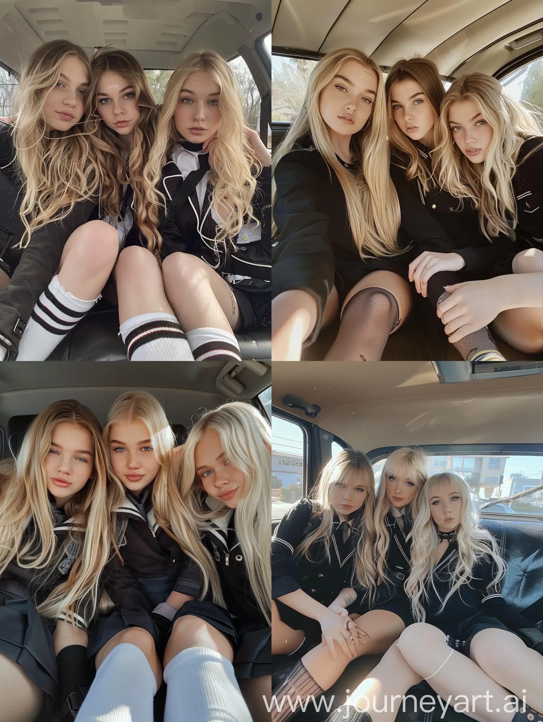 3 girls, long blond hair , 22 years old, inside car, influencer, beauty ,, black rbd school uniform, makeup,, sitting on car , socks and boots, no effect, selfie , iphone selfie, no filters , iphone photo natural