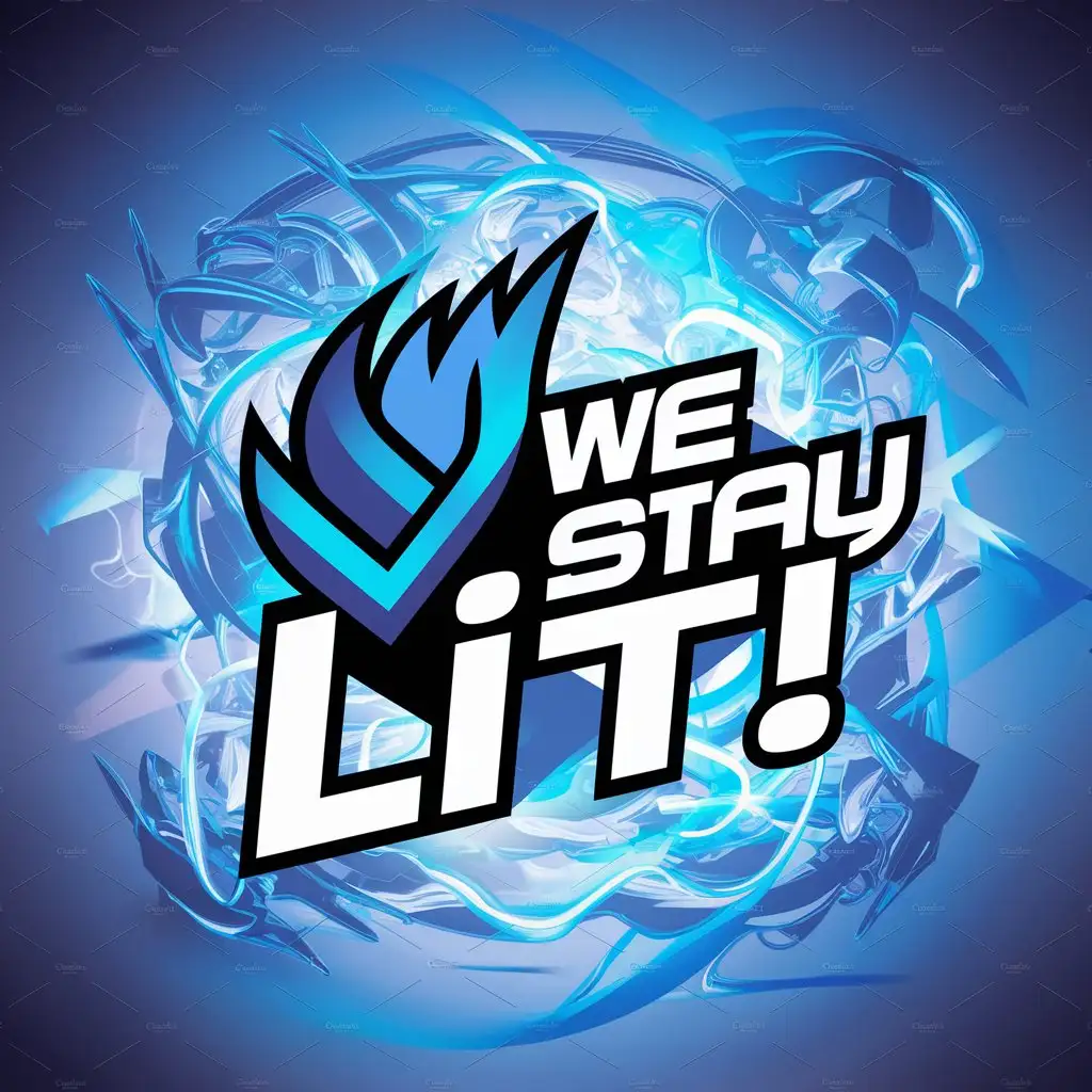 a logo design,with the text "We Stay Lit!", main symbol:["fire","blue","neon"],complex,clear background