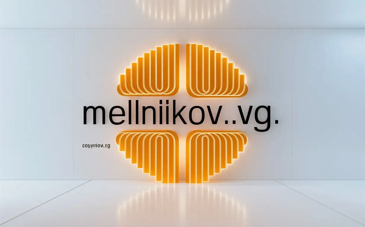 Analog of logo 'Melnikov.VG', authorial style 'Paradoxical reality of optimal minimum limitless possibilities of luminescent design technology', white background, © Melnikov.VG, melnikov.vg