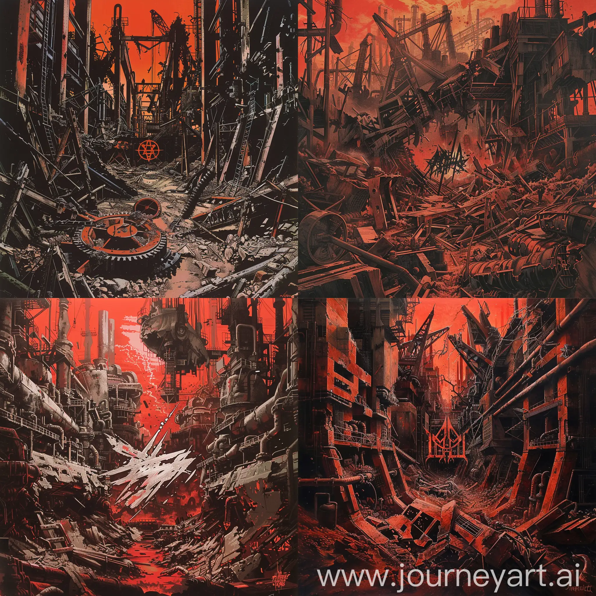 The album cover is an image that shows destroyed mechanical structures, similar to factory premises or factories. In the center of the cover is the band's logo, made in the style of American thrash metal of the 90s. The background of the cover is made in bright red, which emphasizes the dynamic and aggressive nature of the album's music.