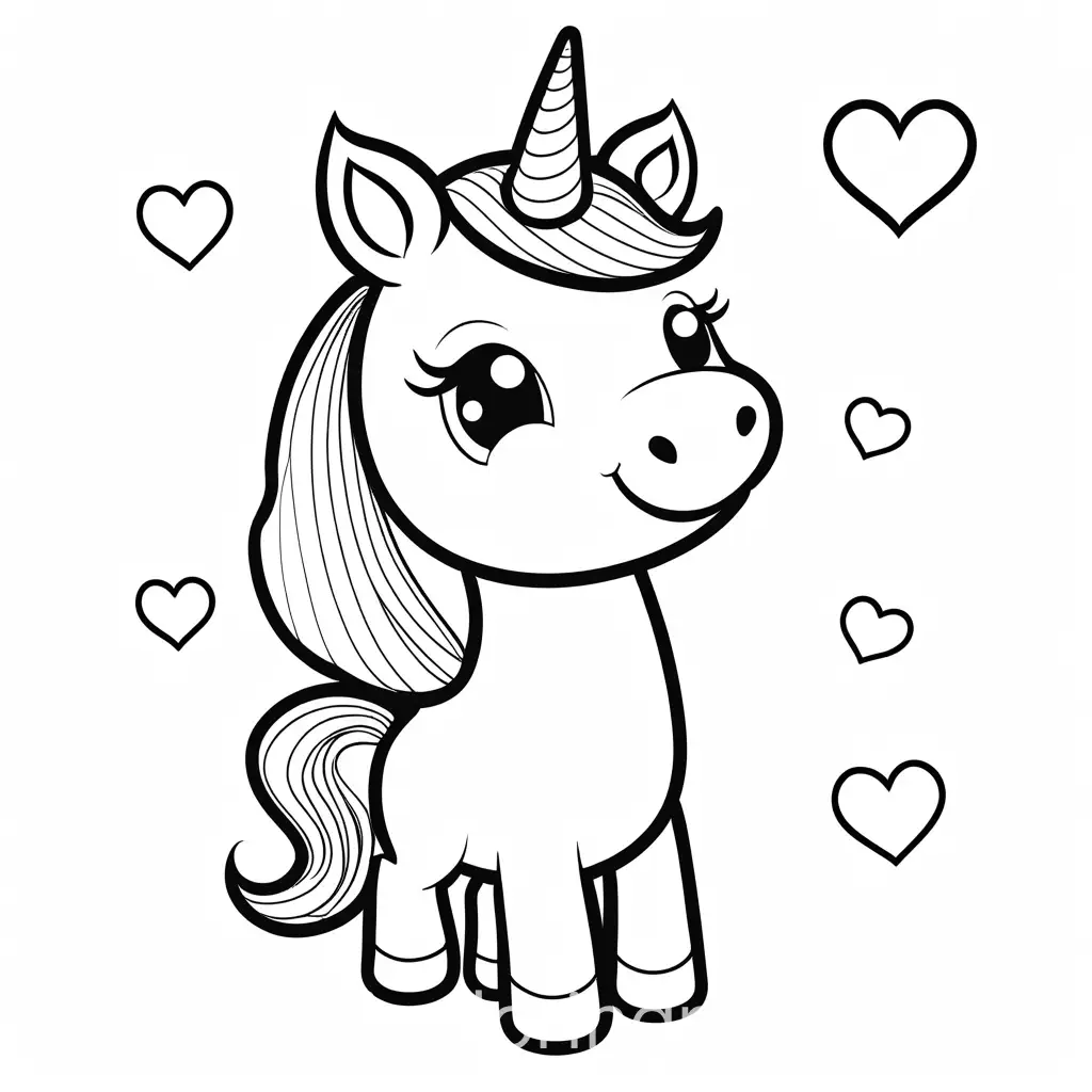 cute happy easy to color cute unicorn with hearts around simple coloring page, Coloring Page, black and white, line art, white background, Simplicity, Ample White Space. The background of the coloring page is plain white to make it easy for young children to color within the lines. The outlines of all the subjects are easy to distinguish, making it simple for kids to color without too much difficulty