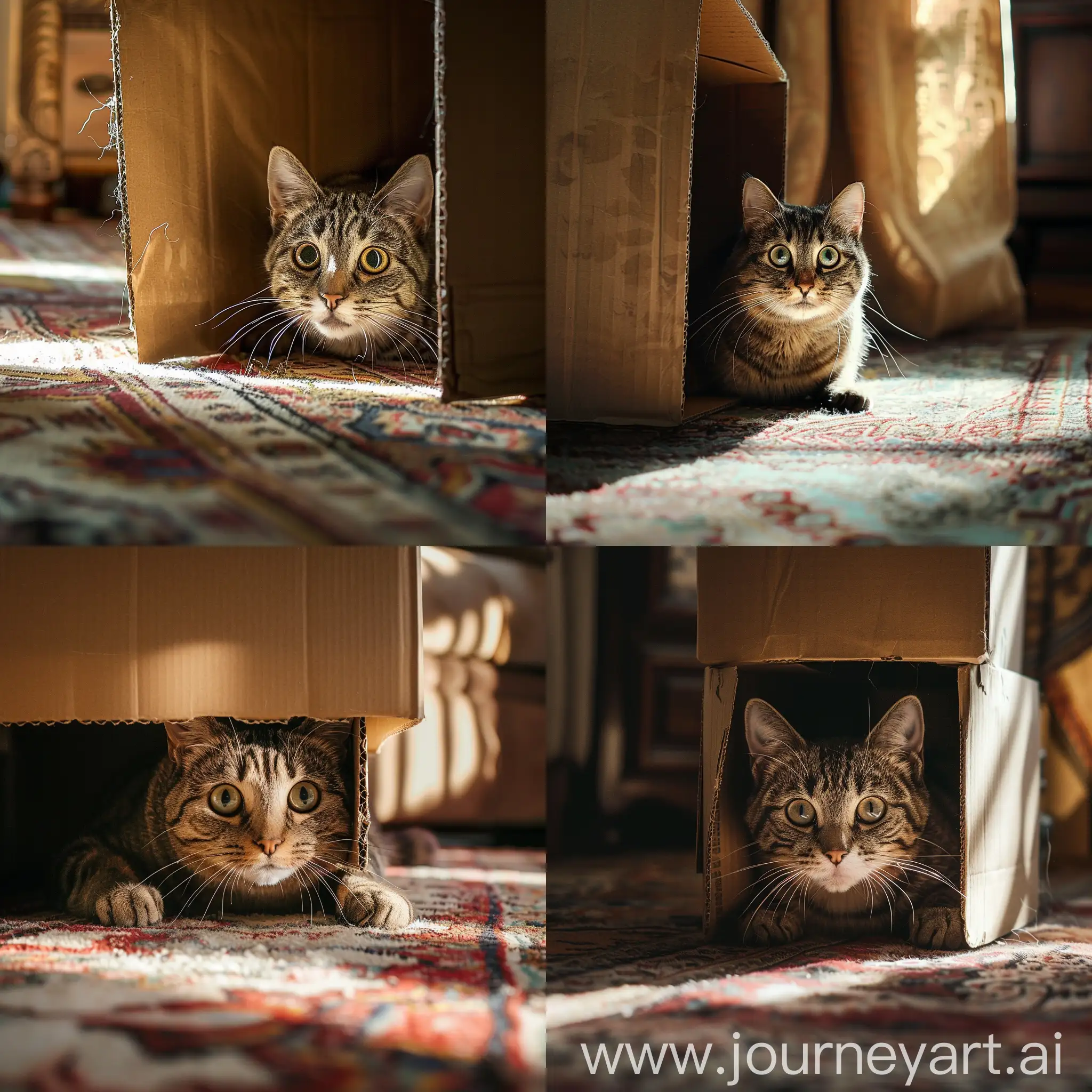 A curious cat hiding under a cardboard box, peeking out with wide, surprised eyes directly at the camera. The cat is sitting on a luxurious silk rug, with intricate patterns and rich colors. Sunlight streams in through a nearby window, casting warm, soft light on the cat and the rug, highlighting the textures and details. The room is cozy, with a hint of vintage decor visible in the background.