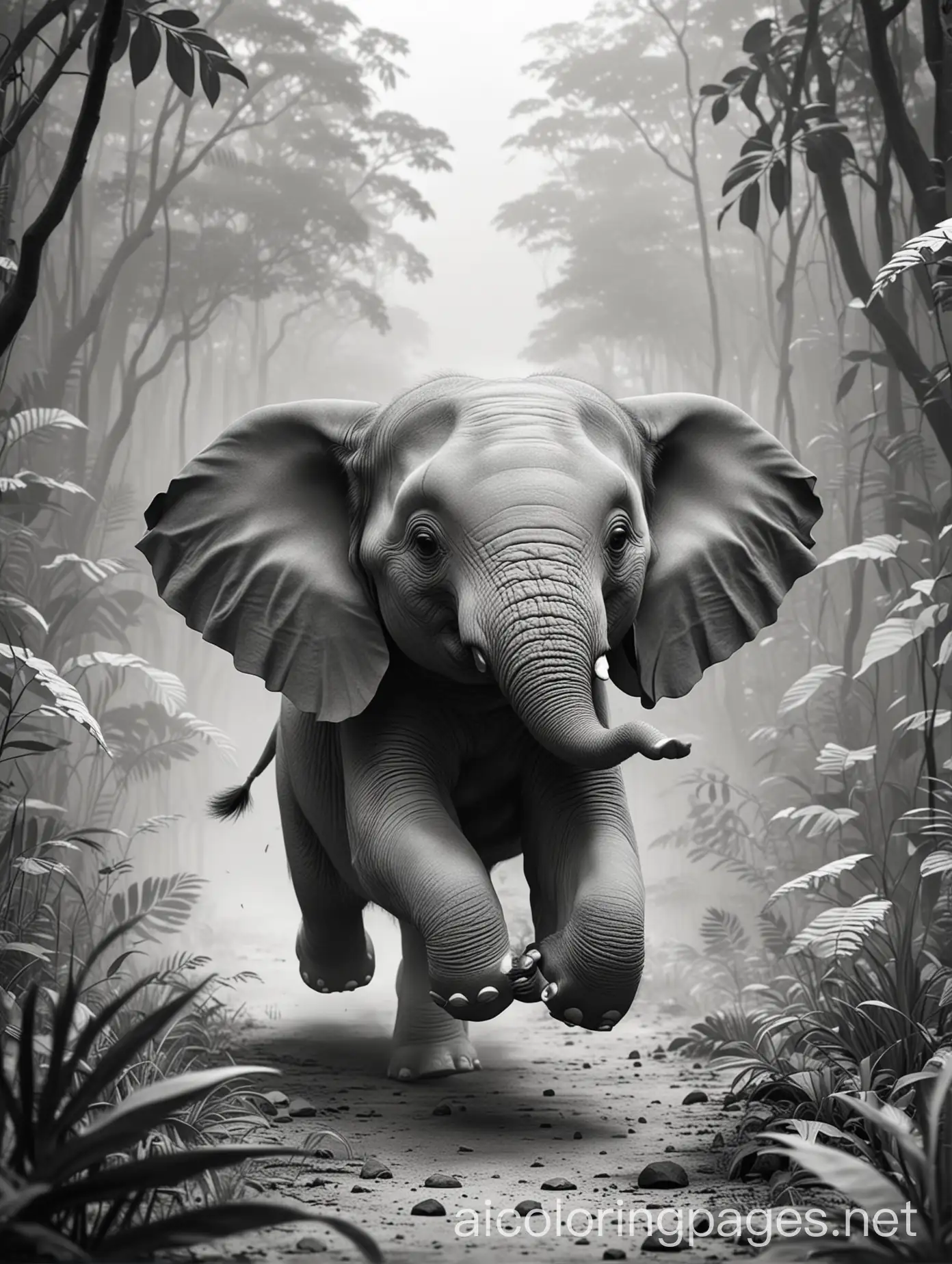 Cartoon-Style-Elephant-Running-in-Dark-Jungle-Coloring-Page