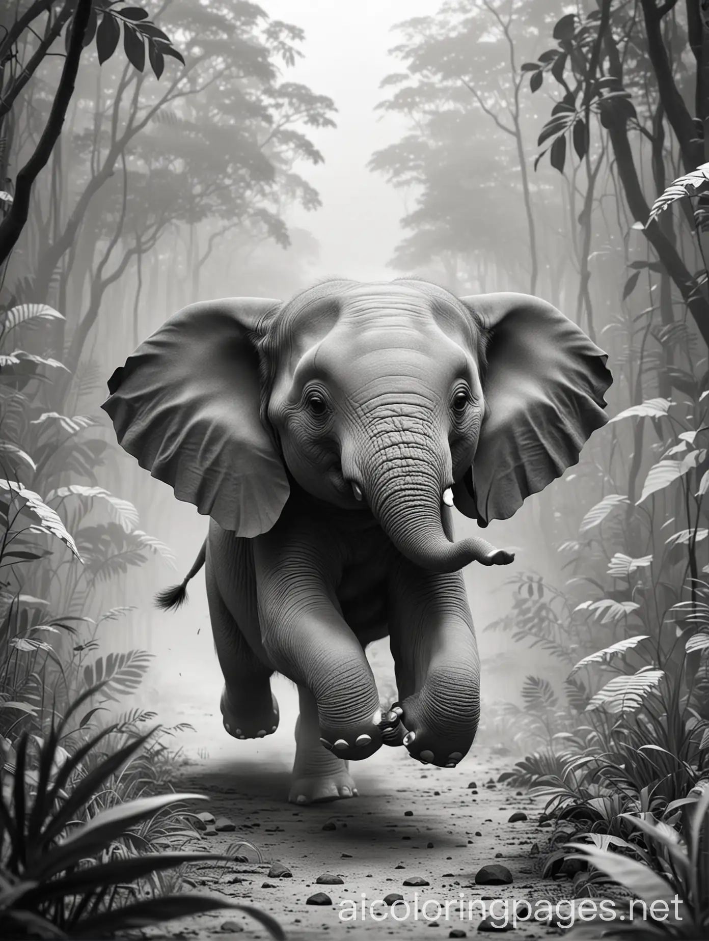 cute little cartoon style elephant running, in a dark jungle, smoky and haze surroundings, Coloring Page, black and white, line art, white background, Simplicity, Ample White Space.