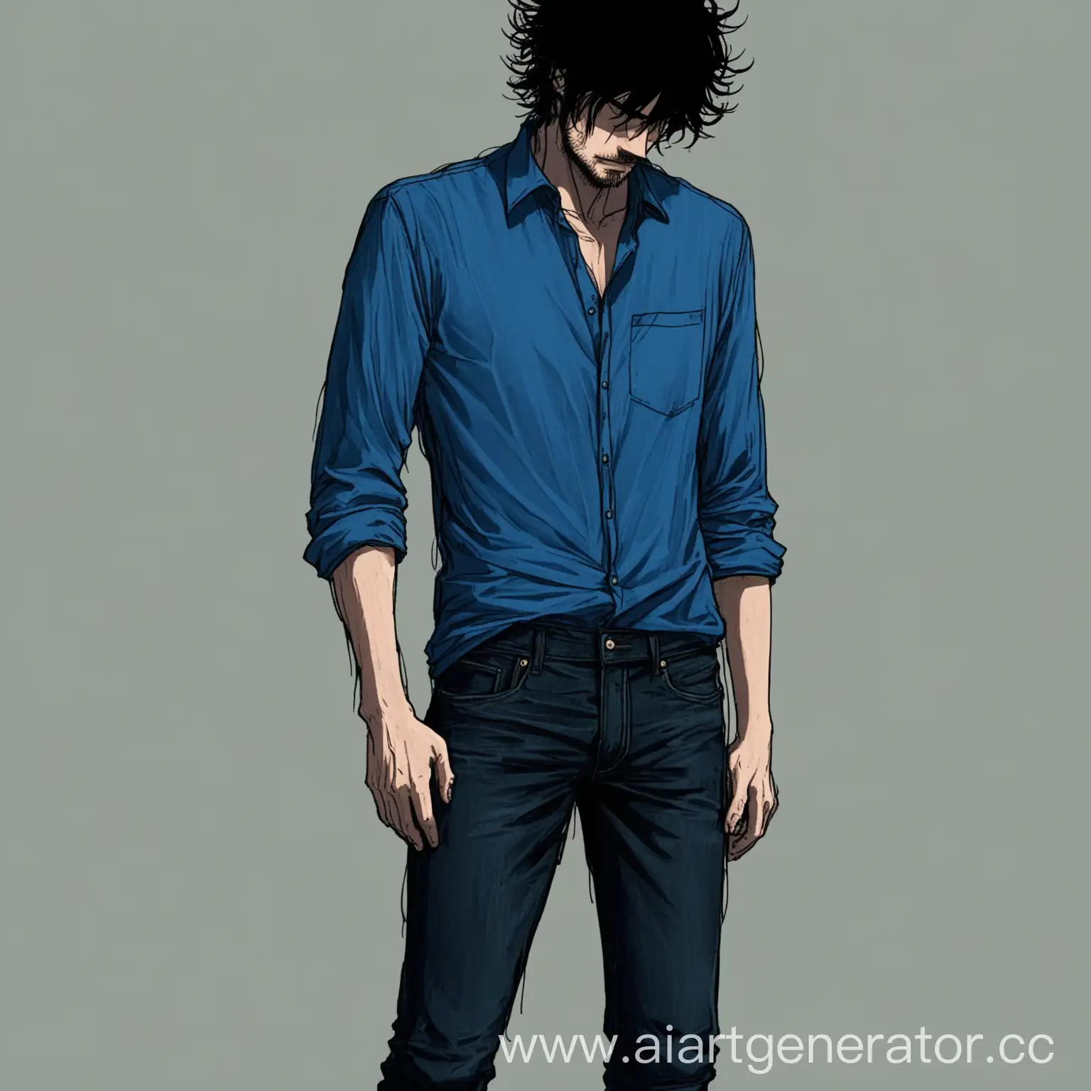 a tall, masculine guy, he wears a blue shirt, he wears dark jeans. he has no head, he has Black Messy Hair.