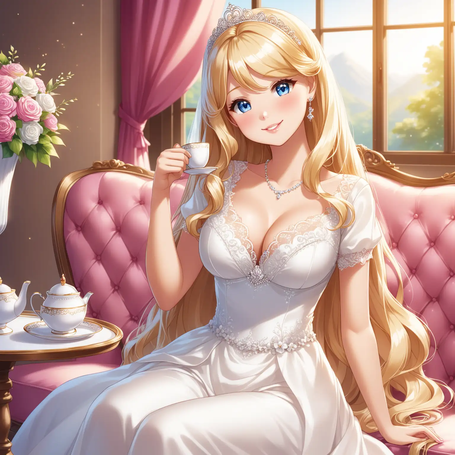 Happy Stacie from Barbie Enjoying Her Day with Tea in Gorgeous Wedding Dress