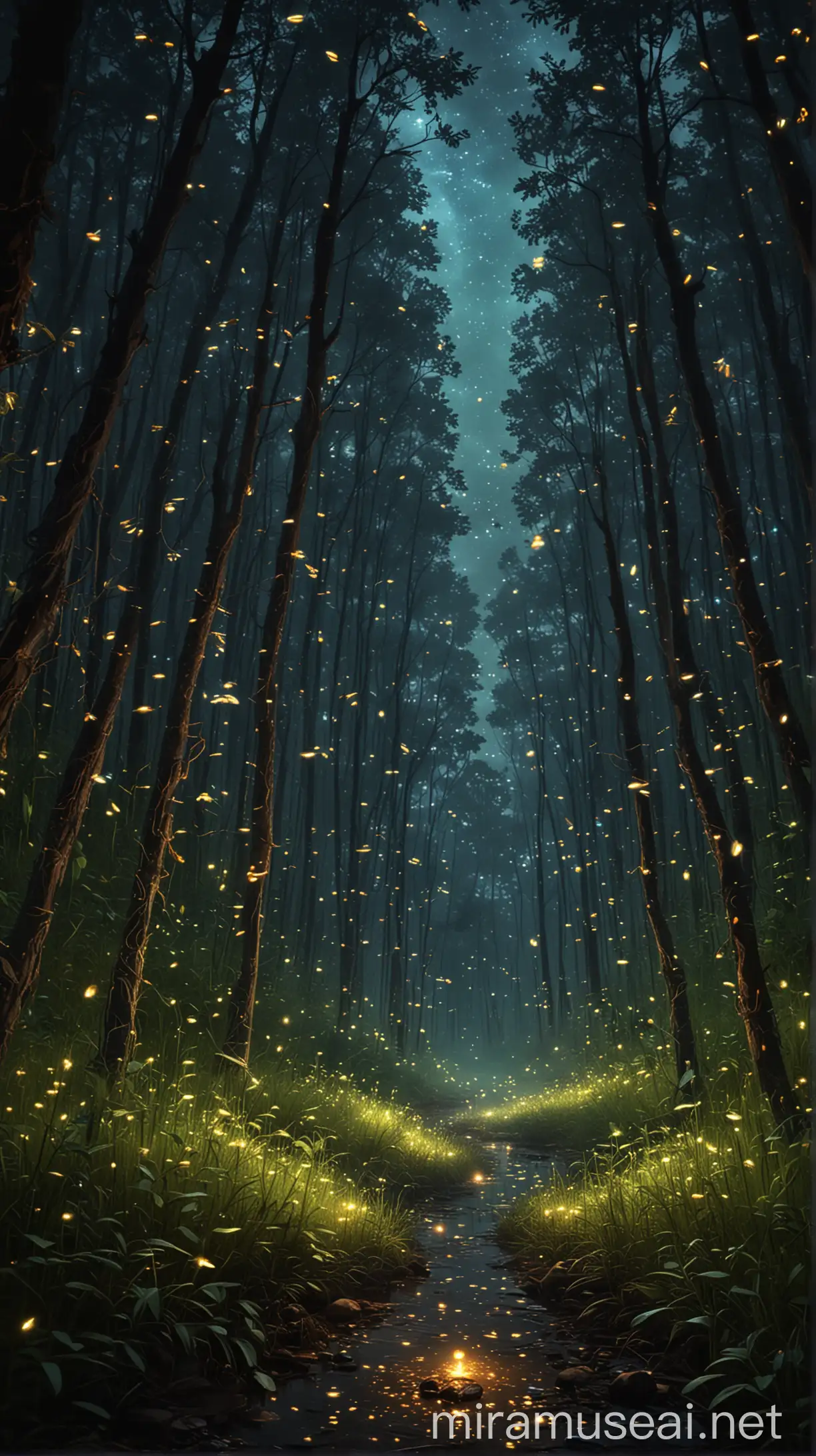 Night Forest Dream Illuminated by Fireflies